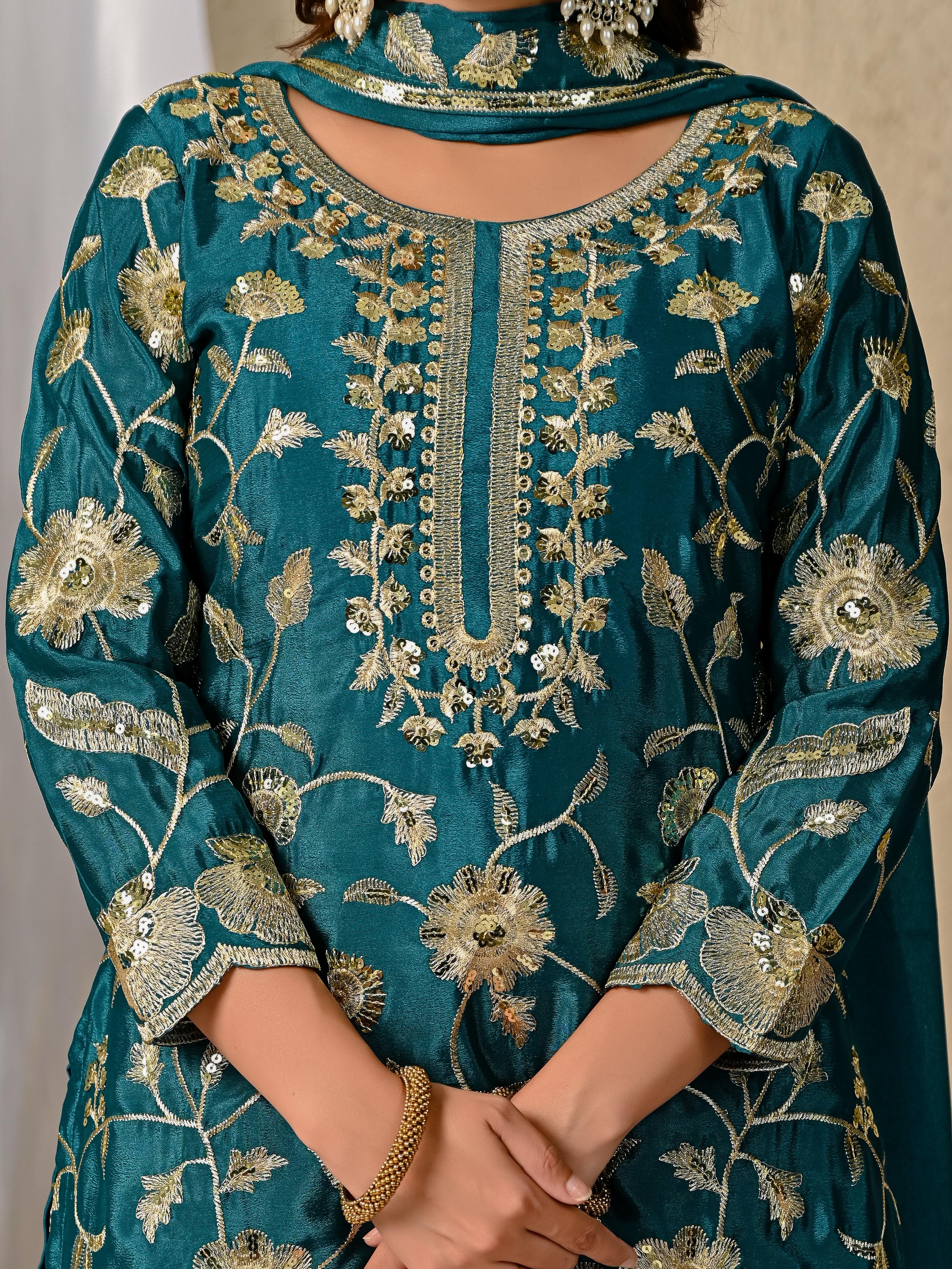 Chinnon Silk Embroidered Lehenga Set – Round Neck – Sequin Work