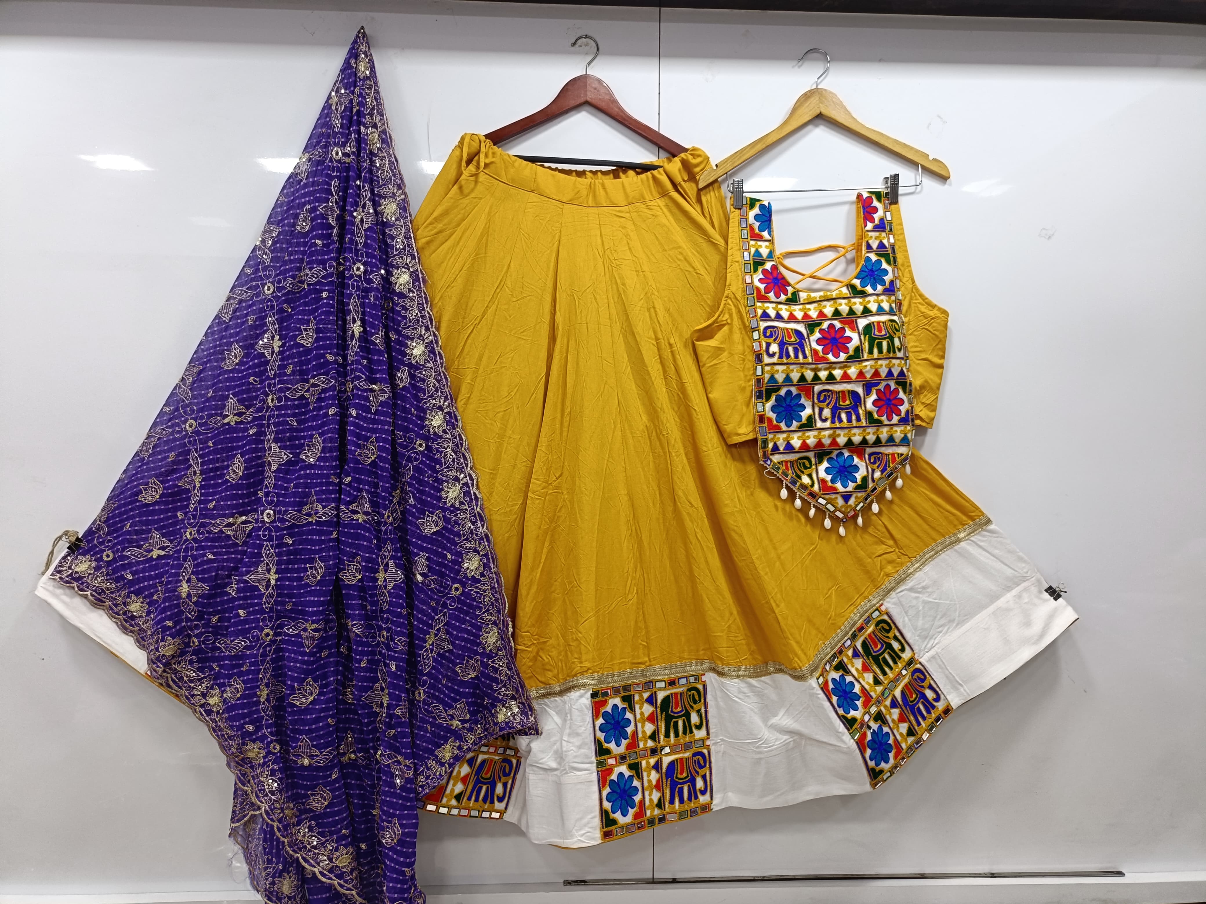 Yellow Flared Rayon Cotton Lehenga Choli – Round Neck – Gamathi and Mirror Work