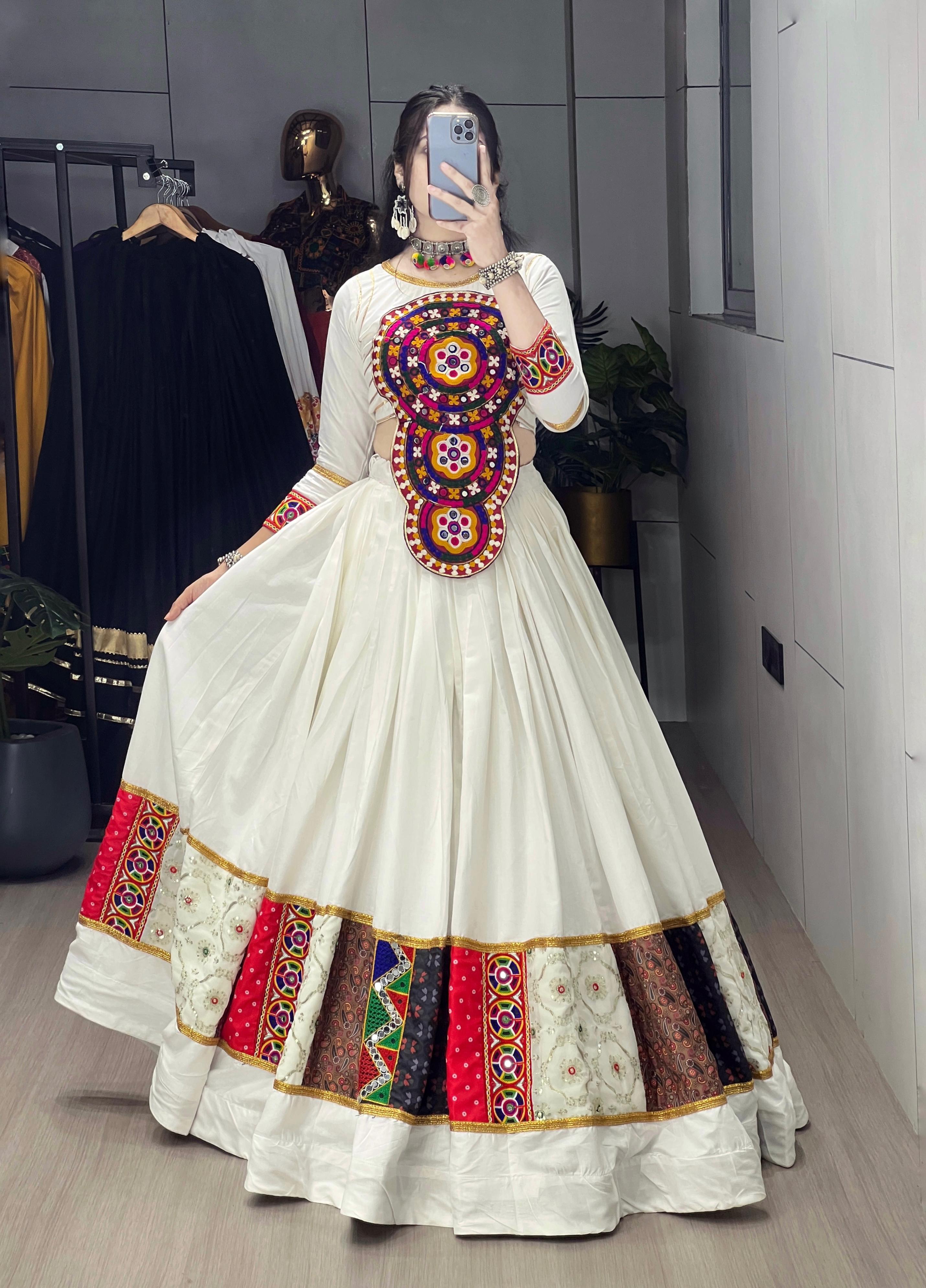 Multicolor Flared Rayon Cotton Lehenga Set – Round Neck – Kutchi Work & Real Mirrors