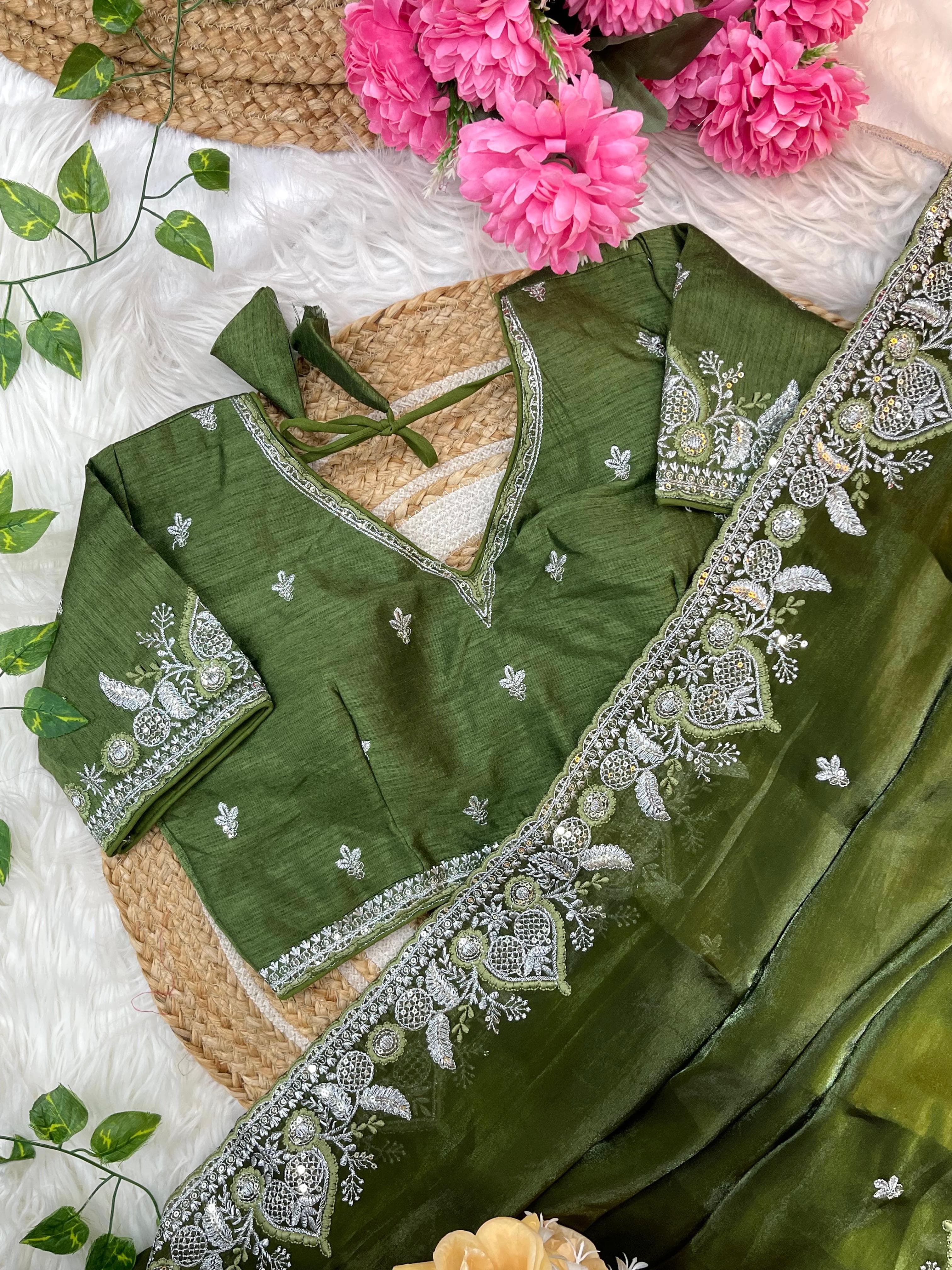 Fendy Satin Saree – Embroidered Border – Sequin & Thread Work