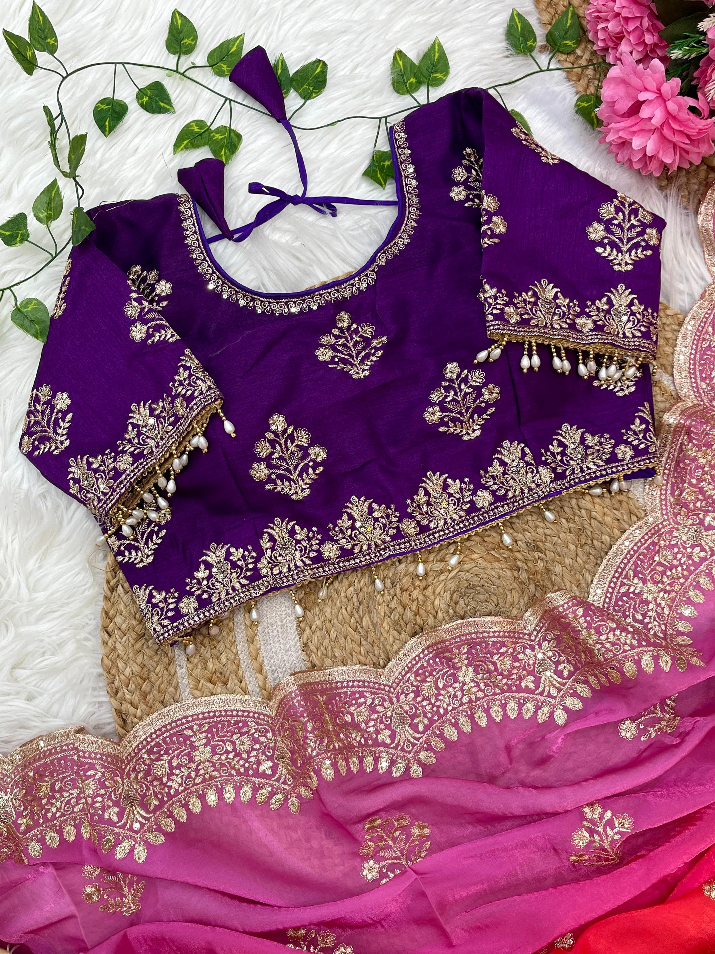 Soft Satin Saree – Embroidered Sequins Border & Buttis – Silk Embroidered Blouse