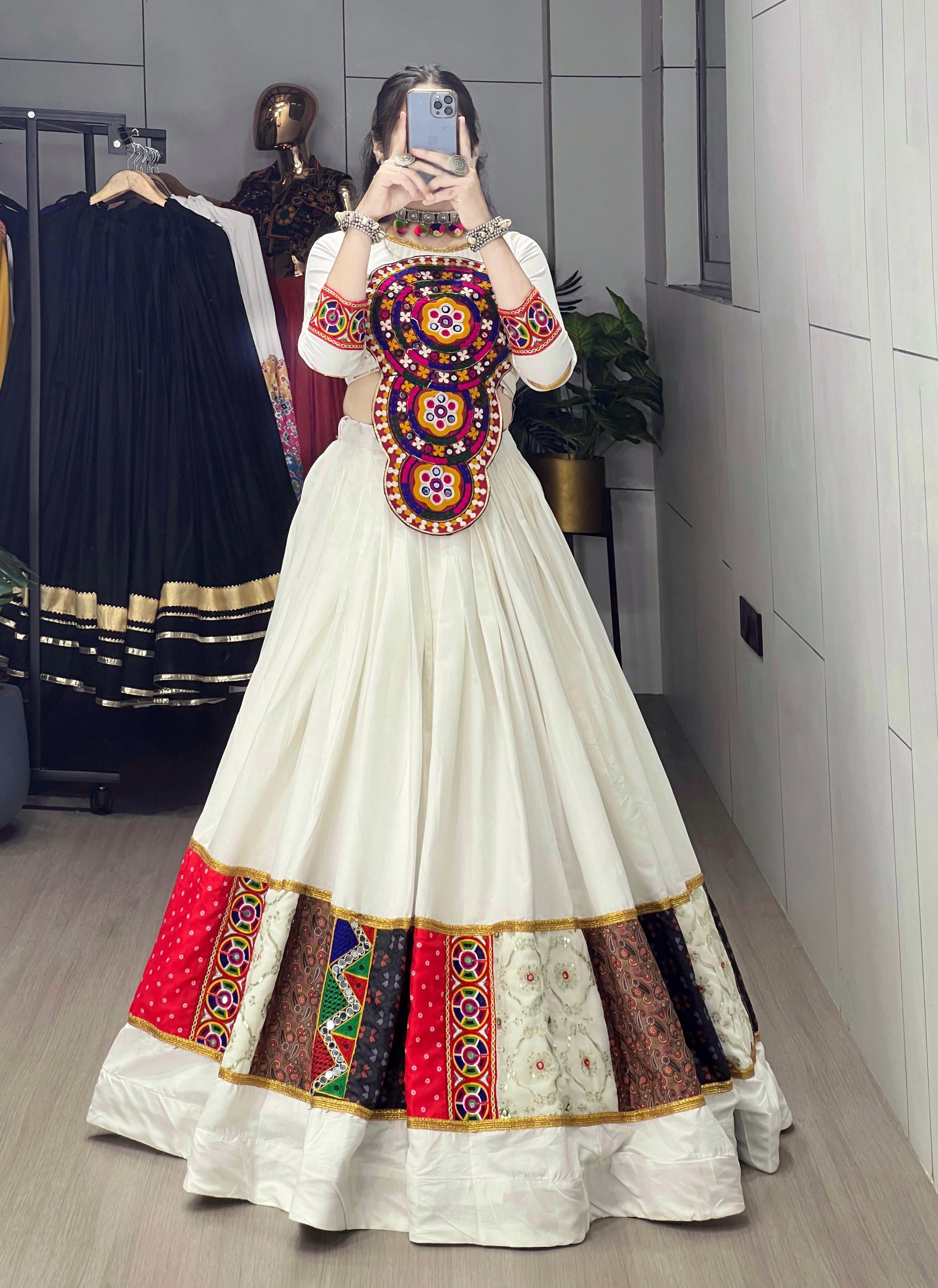 Multicolor Flared Rayon Cotton Lehenga Set – Round Neck – Kutchi Work & Real Mirrors