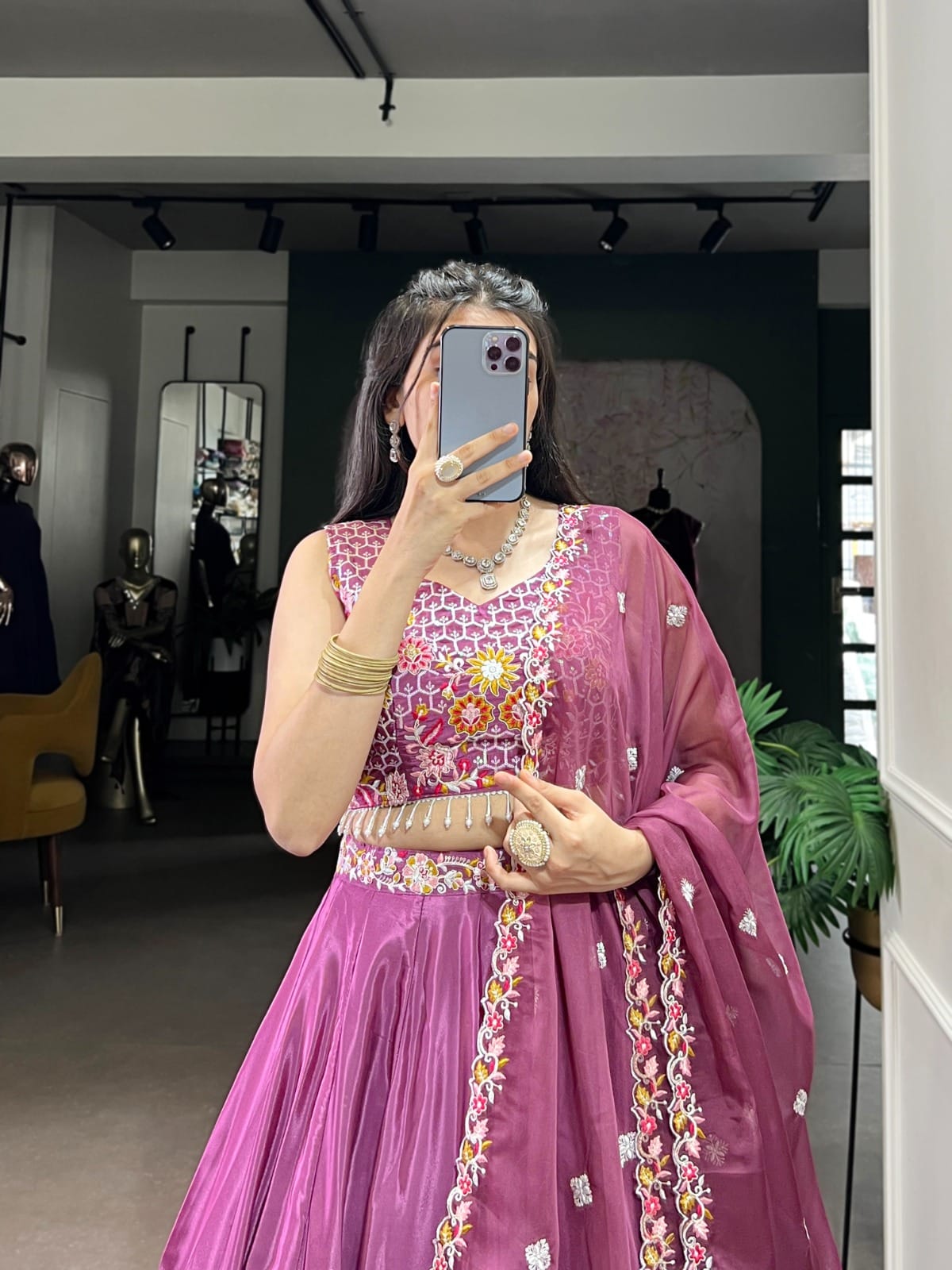 Magenta Flared Silk Crepe Lehenga Set – Drawstring Waist – Sequins & Thread Embroidery