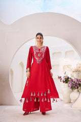 Red Cord-Set Rayon Co-Ord Set – Side Dori Tassels – Thread and Mirror Work