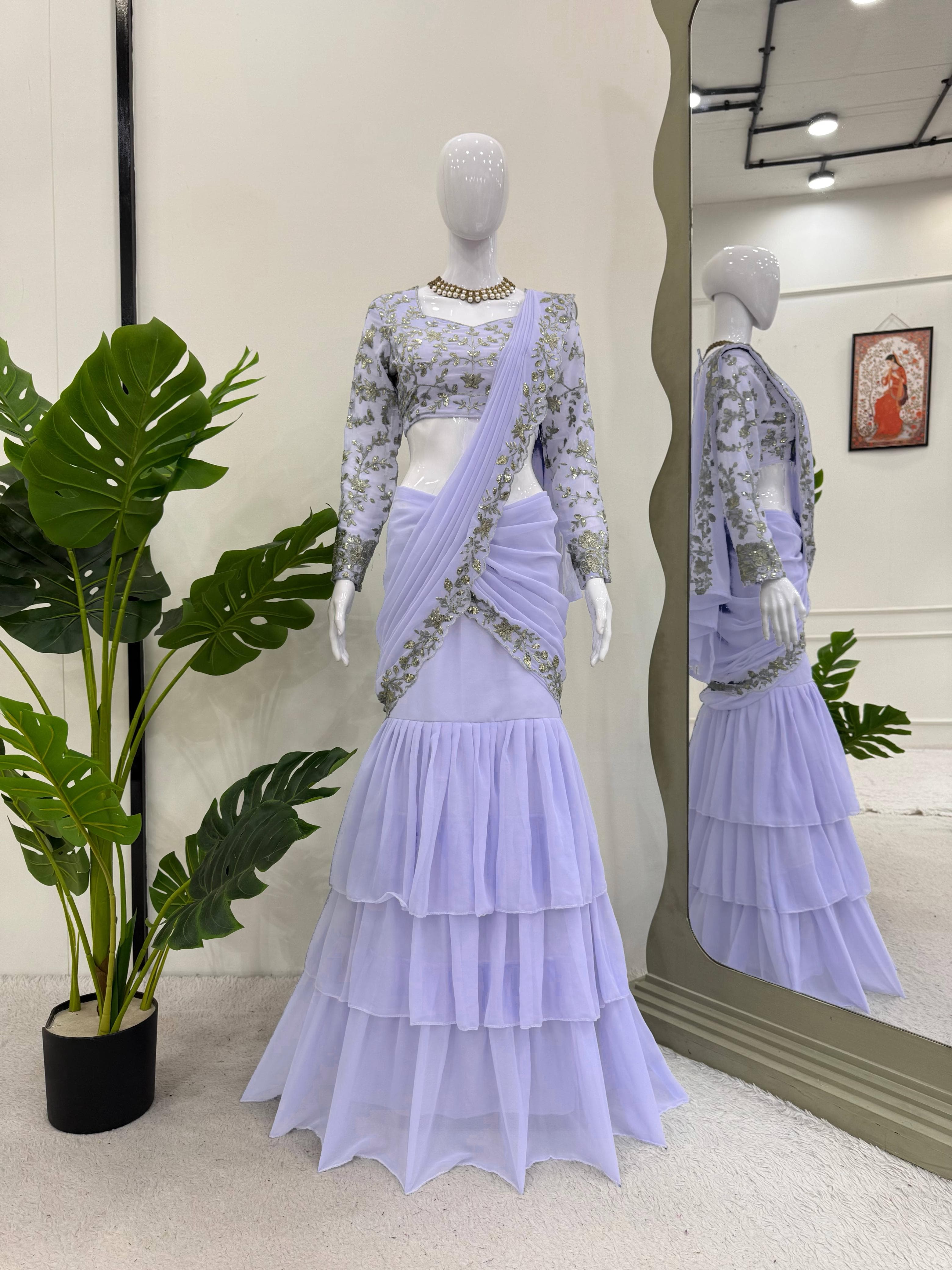 Pastel Purple Ready to Wear Faux Georgette Lehenga Saree – Side Zip – Thread and Sequin Work