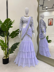 Pastel Purple Ready to Wear Faux Georgette Lehenga Saree – Side Zip – Thread and Sequin Work