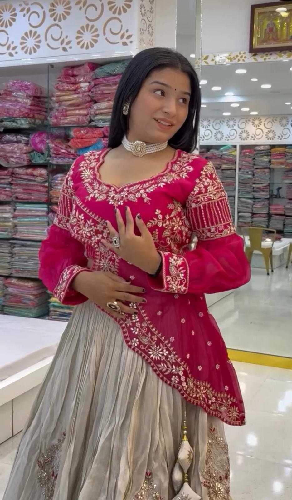 Embroidered Gold Crush Crop Top Lehenga Set – Sequence Work