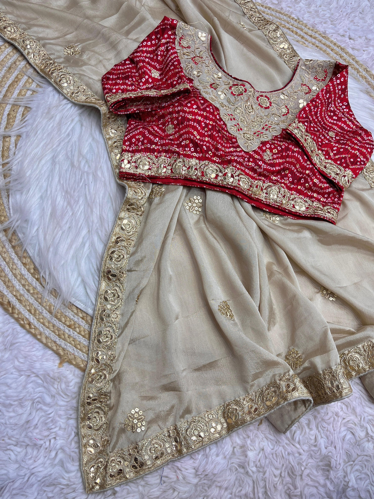 Soft Chinon Saree – Heavy C-Pallu Chainstitched Multi Work & Butta – Cutwork Border