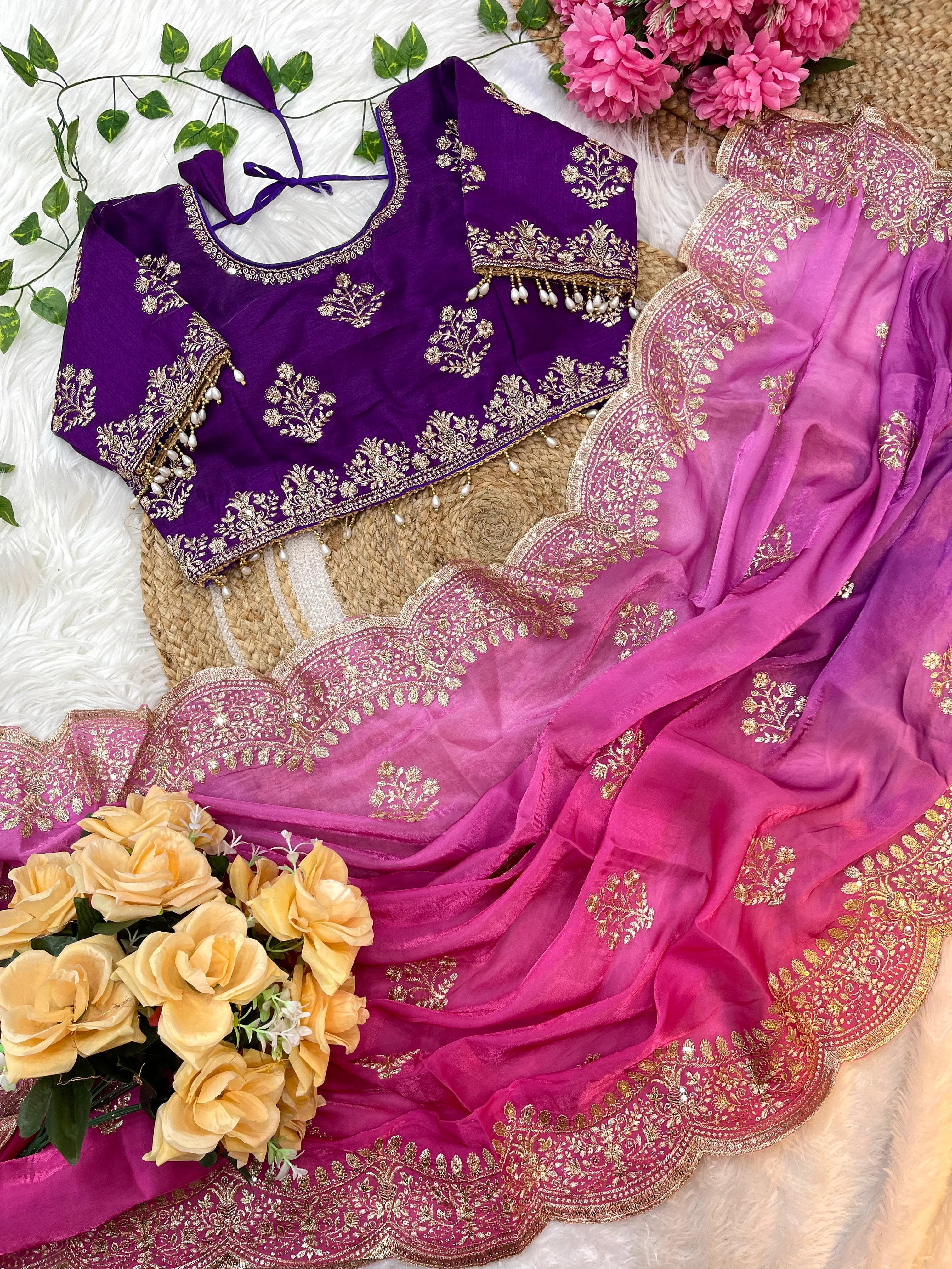 Soft Satin Saree – Embroidered Sequins Border & Buttis – Silk Embroidered Blouse