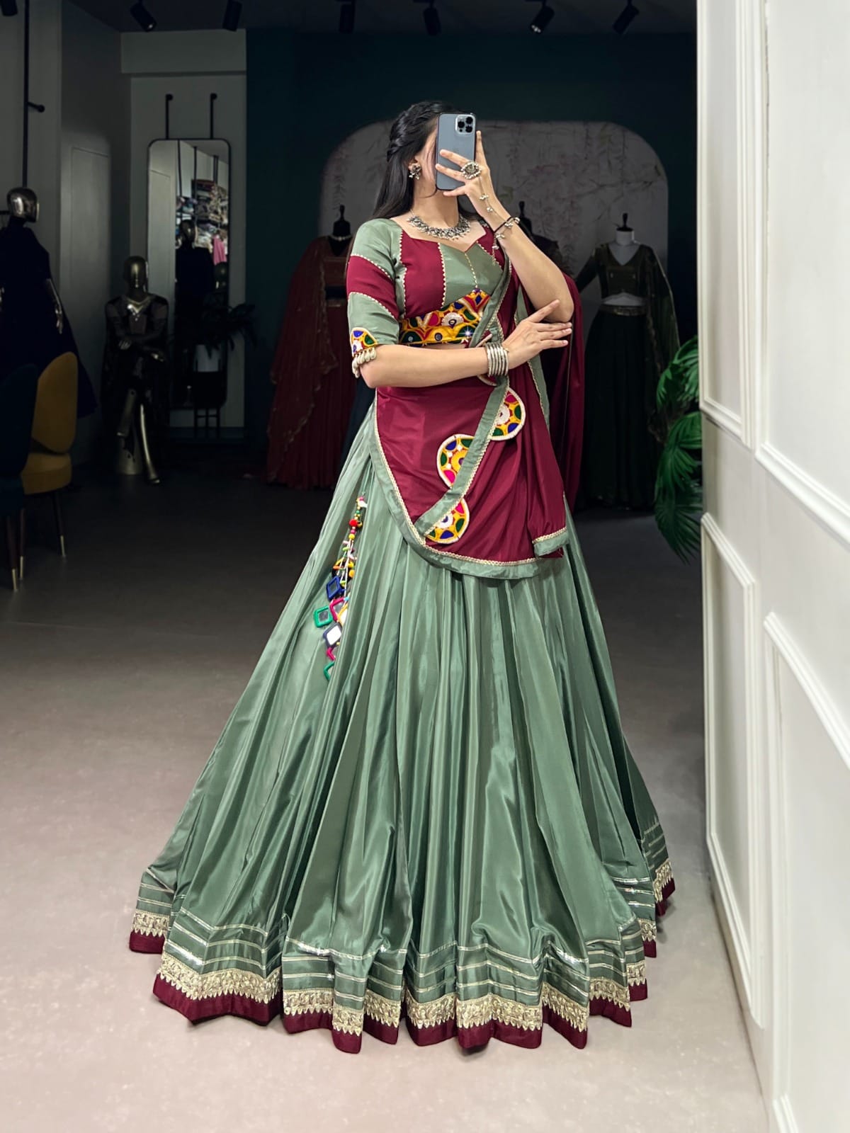 Silk Crepe Lehenga Choli Set – Round Neck – Mirror Gamthi and Sequins Work