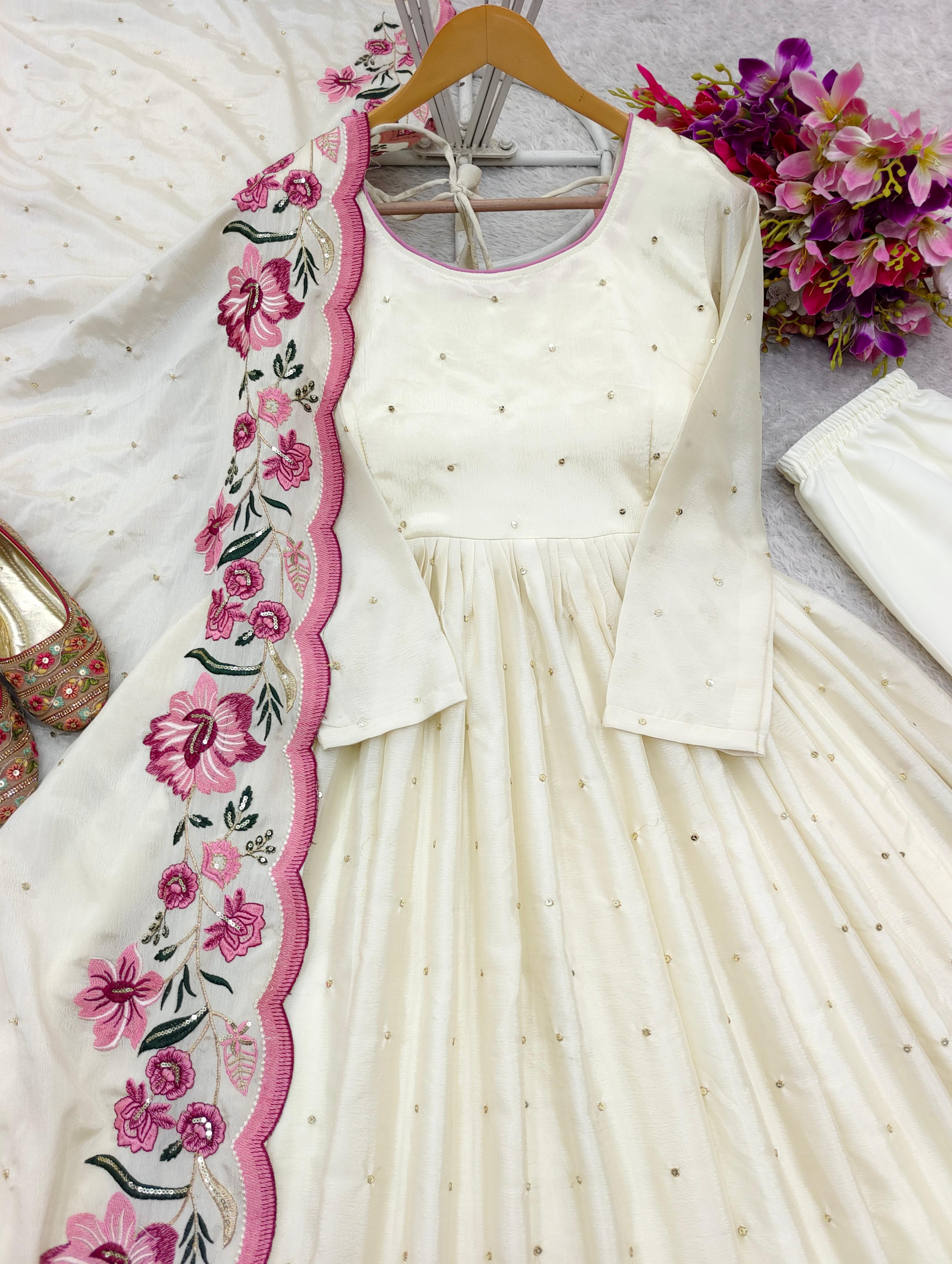 Chinon Silk Embroidered Gown Pant Dupatta Set – Full Sleeve – 5mm Sequin Work