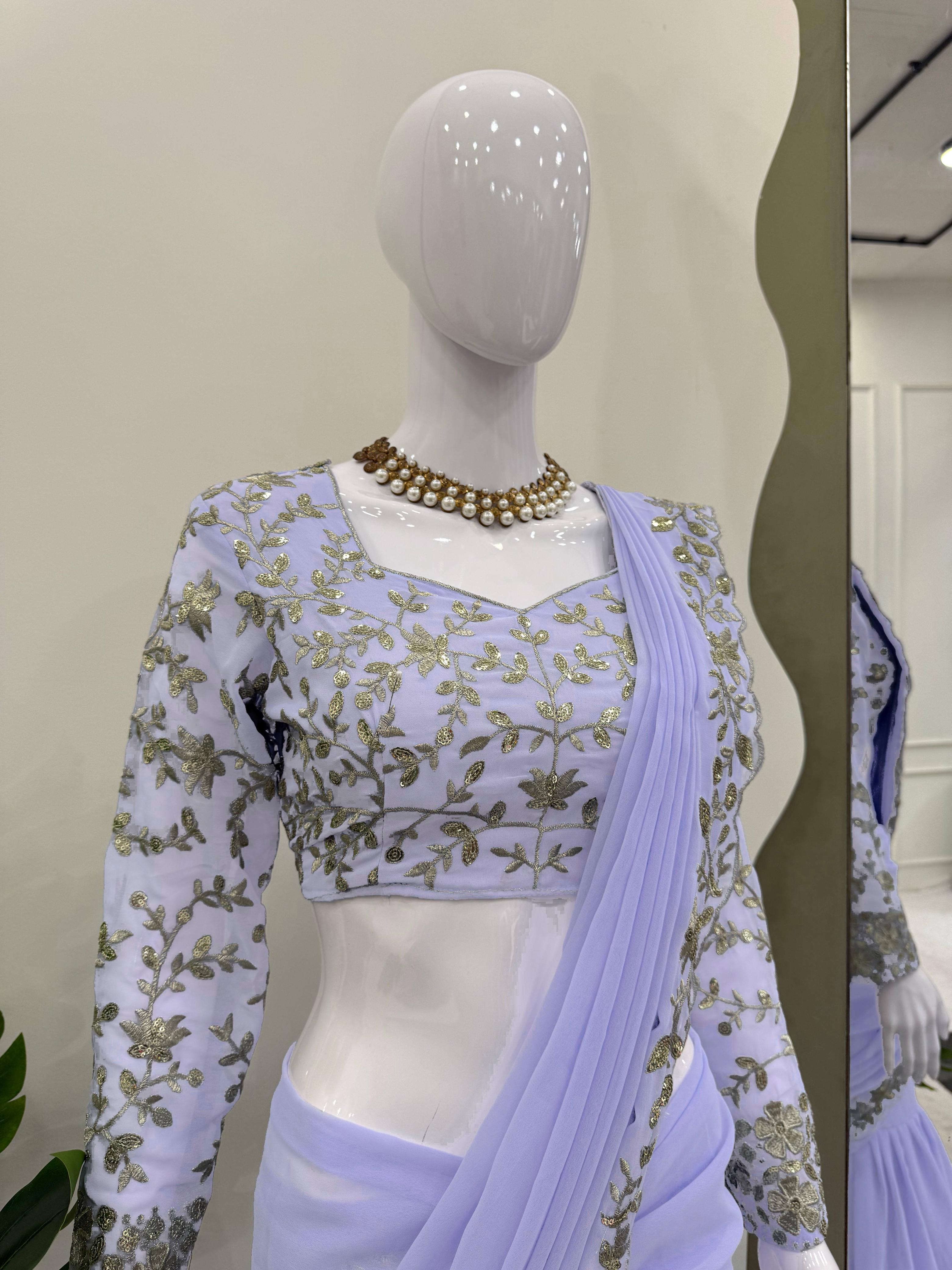 Pastel Purple Ready to Wear Faux Georgette Lehenga Saree – Side Zip – Thread and Sequin Work