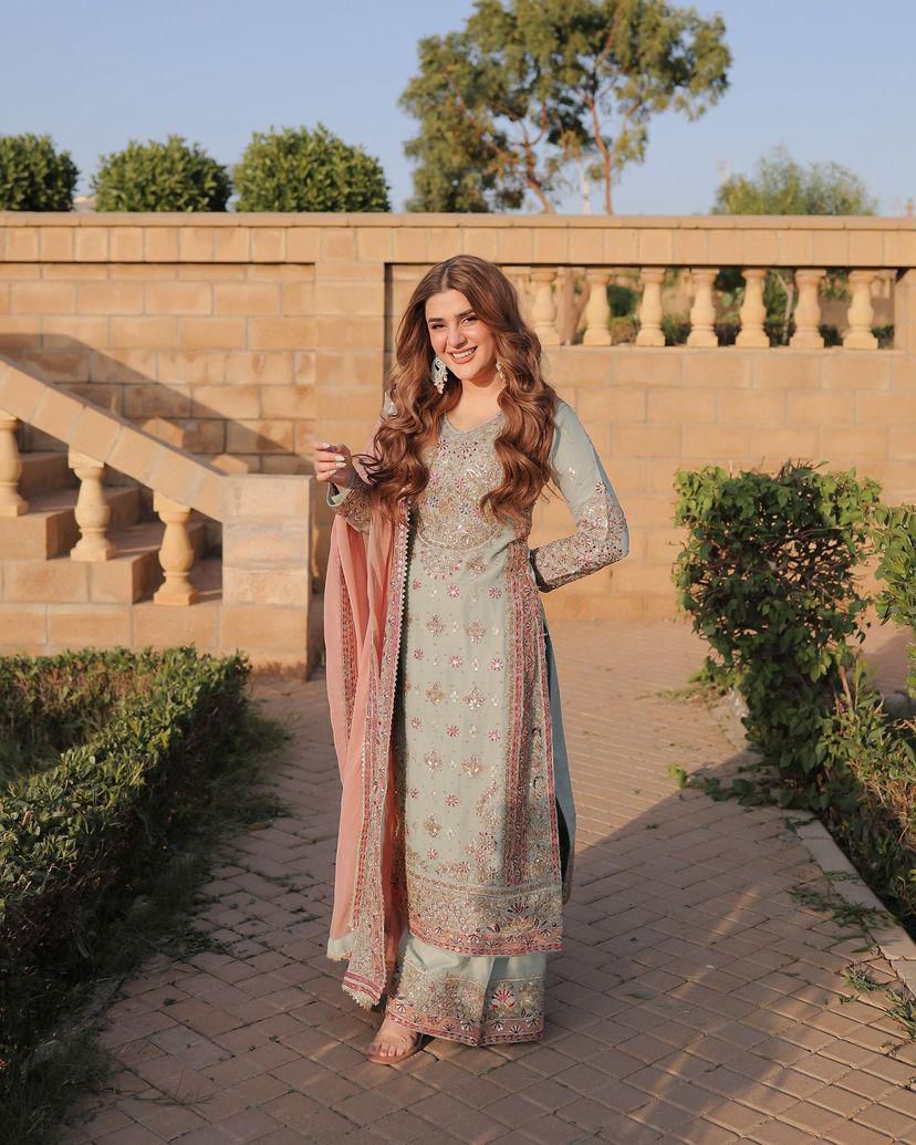 Faux Georgette Embroidered Sharara Set – Round Neck – Sequin Work