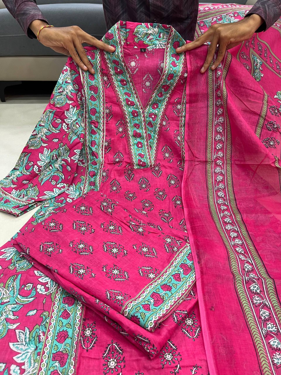 Printed Cotton A-Line Kurti Set – V-Neck – Sequin Handwork