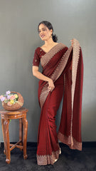 Vichitra Silk Saree – Cut Work Border – Zari and DMC Swarovski Work