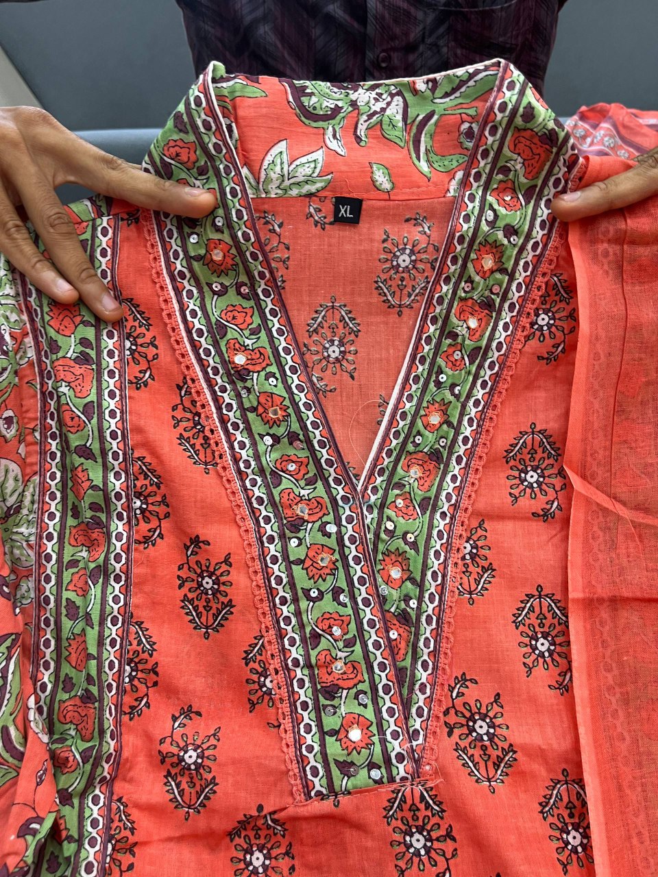 Printed Cotton A-Line Kurti Set – V-Neck – Sequin Handwork
