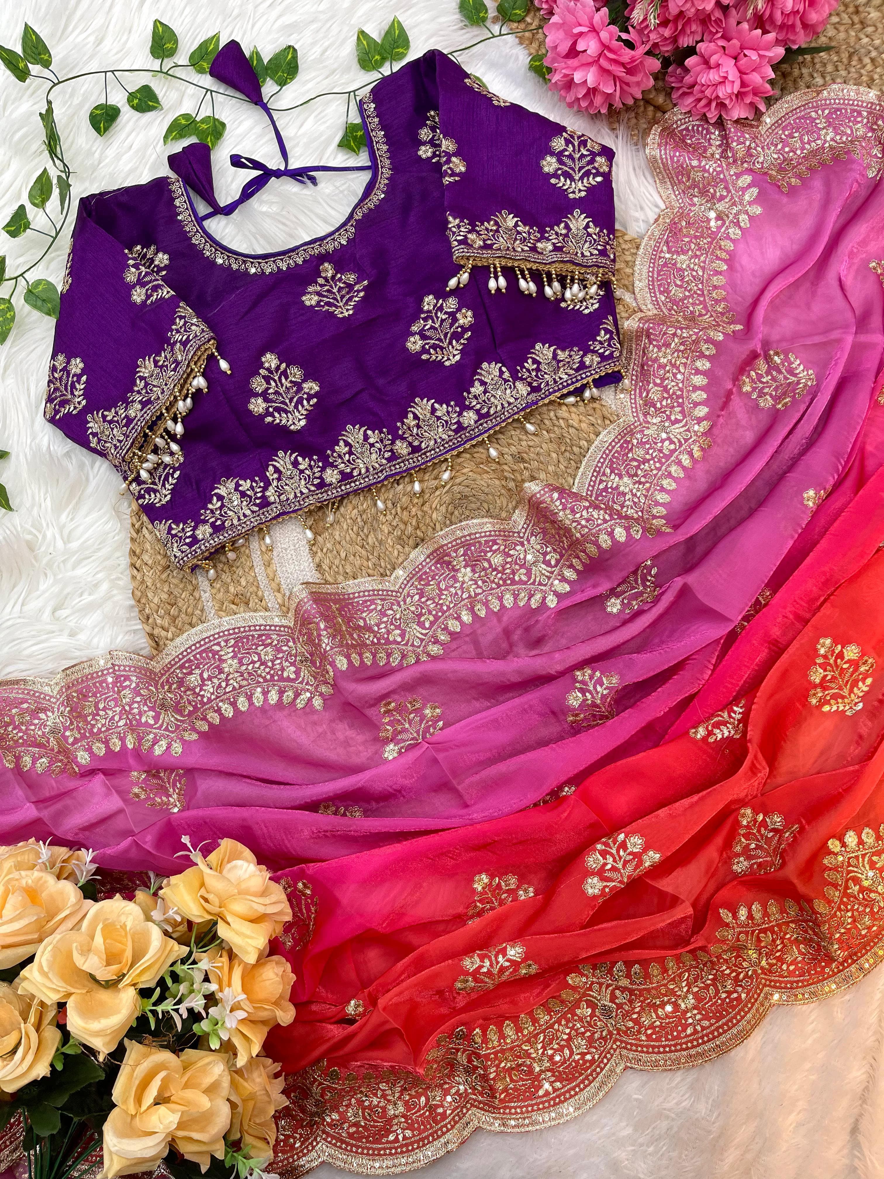 Soft Satin Saree – Embroidered Sequins Border & Buttis – Silk Embroidered Blouse