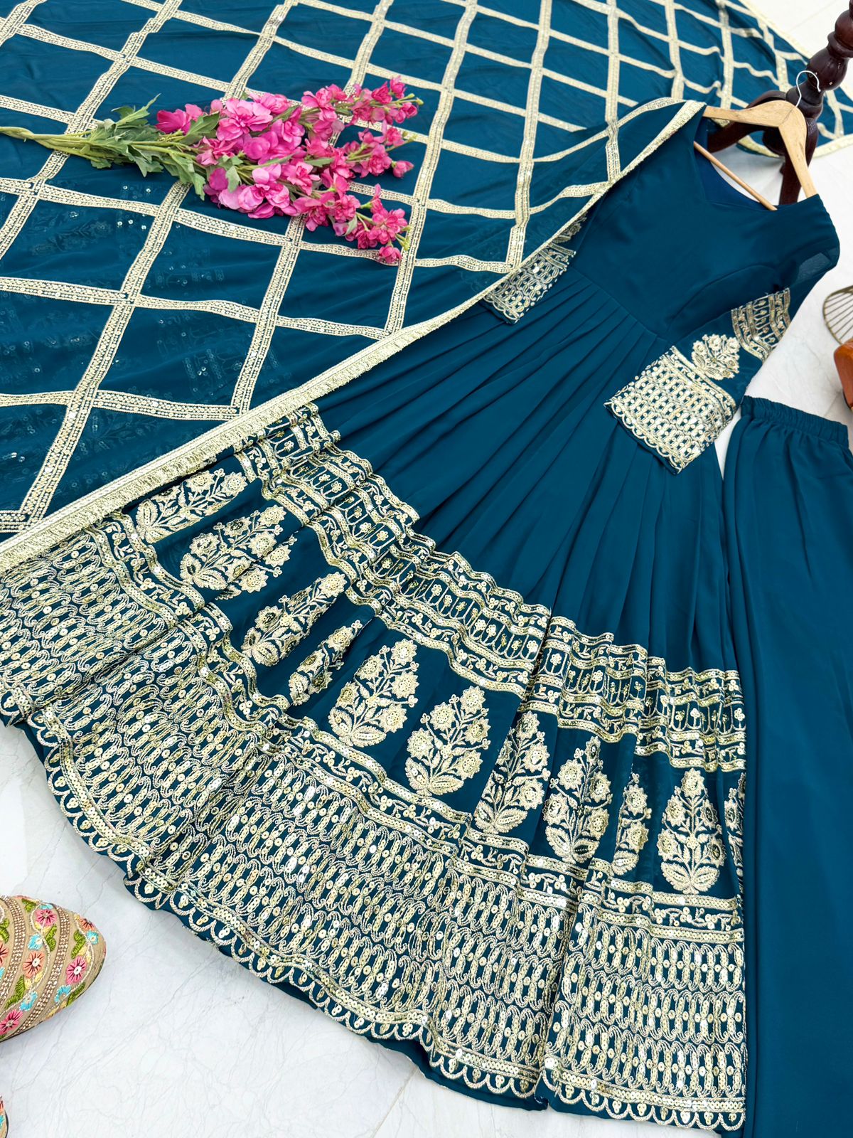 Georgette Embroidered Sharara Suit Set – Front Zipper – Sequin & Lace Work