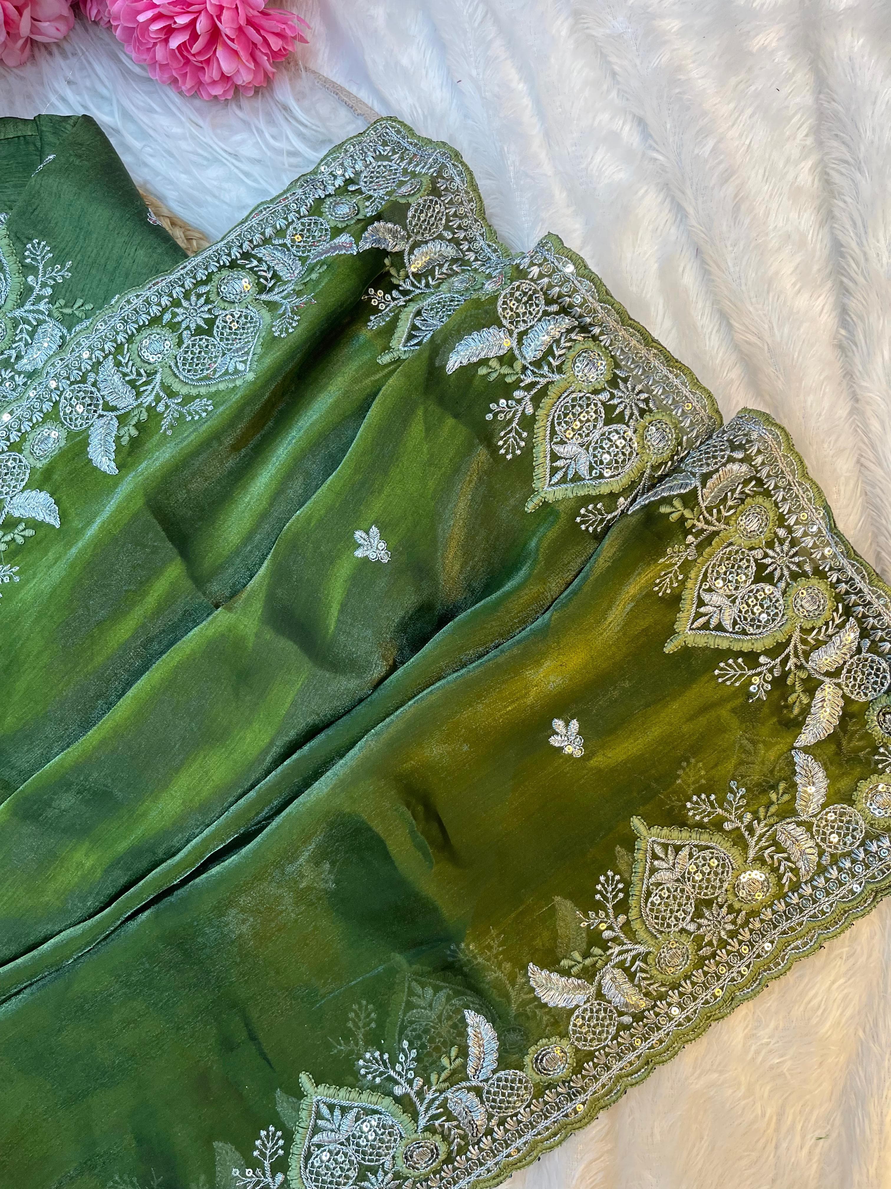 Fendy Satin Saree – Embroidered Border – Sequin & Thread Work