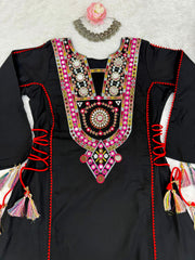 Black Cord Set Rayon Kurti and Palazzos – Side Dori Tassels – Thread and Mirror Work