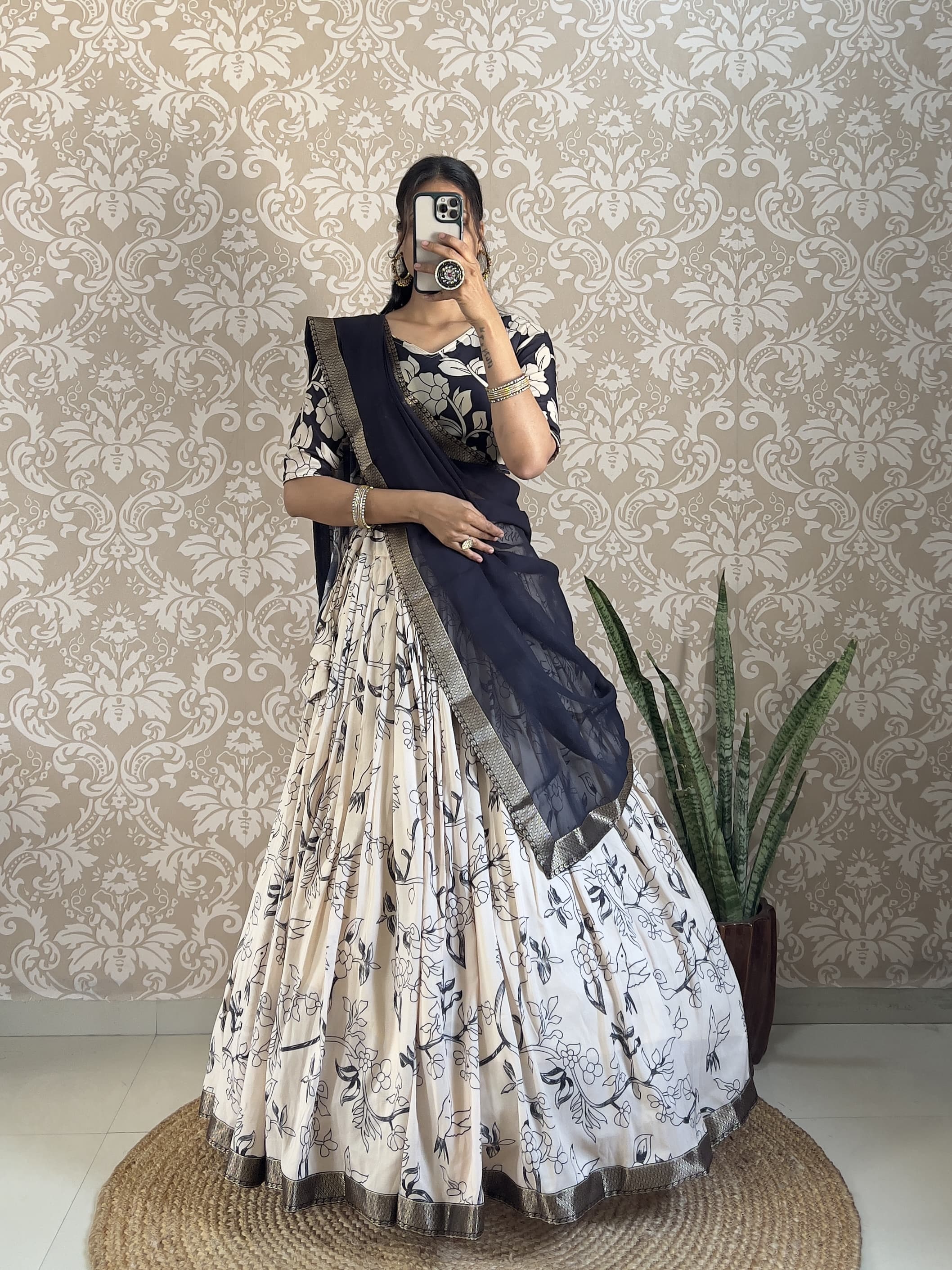 Kalamkari Printed Muslin Silk Lehenga Choli – Jacquard Lace Border – Digital Print Work