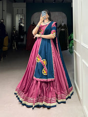 Pink Flared Silk Crepe Lehenga Set – Round Neck – Mirror and Gotta Patti Work