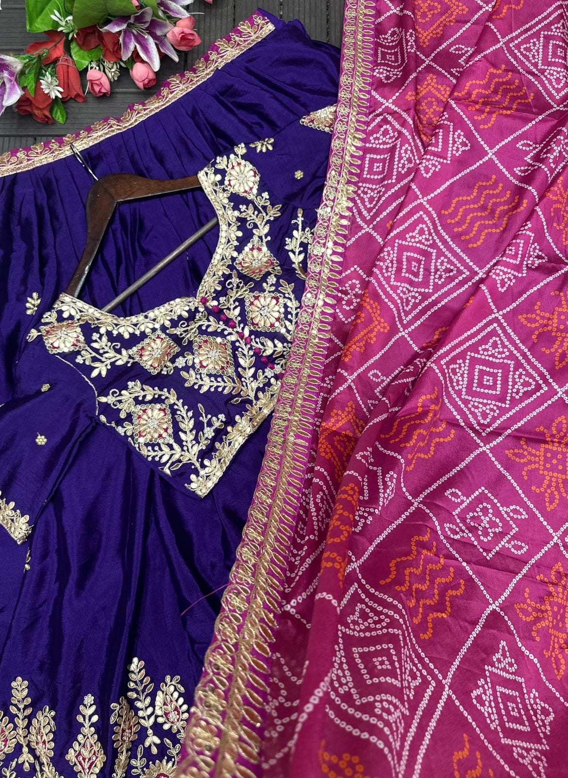 Chinone Flared Lehenga Choli Set – Heavy Gota Patti Embroidery
