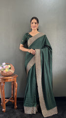 Vichitra Silk Saree – Cut Work Border – Zari and DMC Swarovski Work