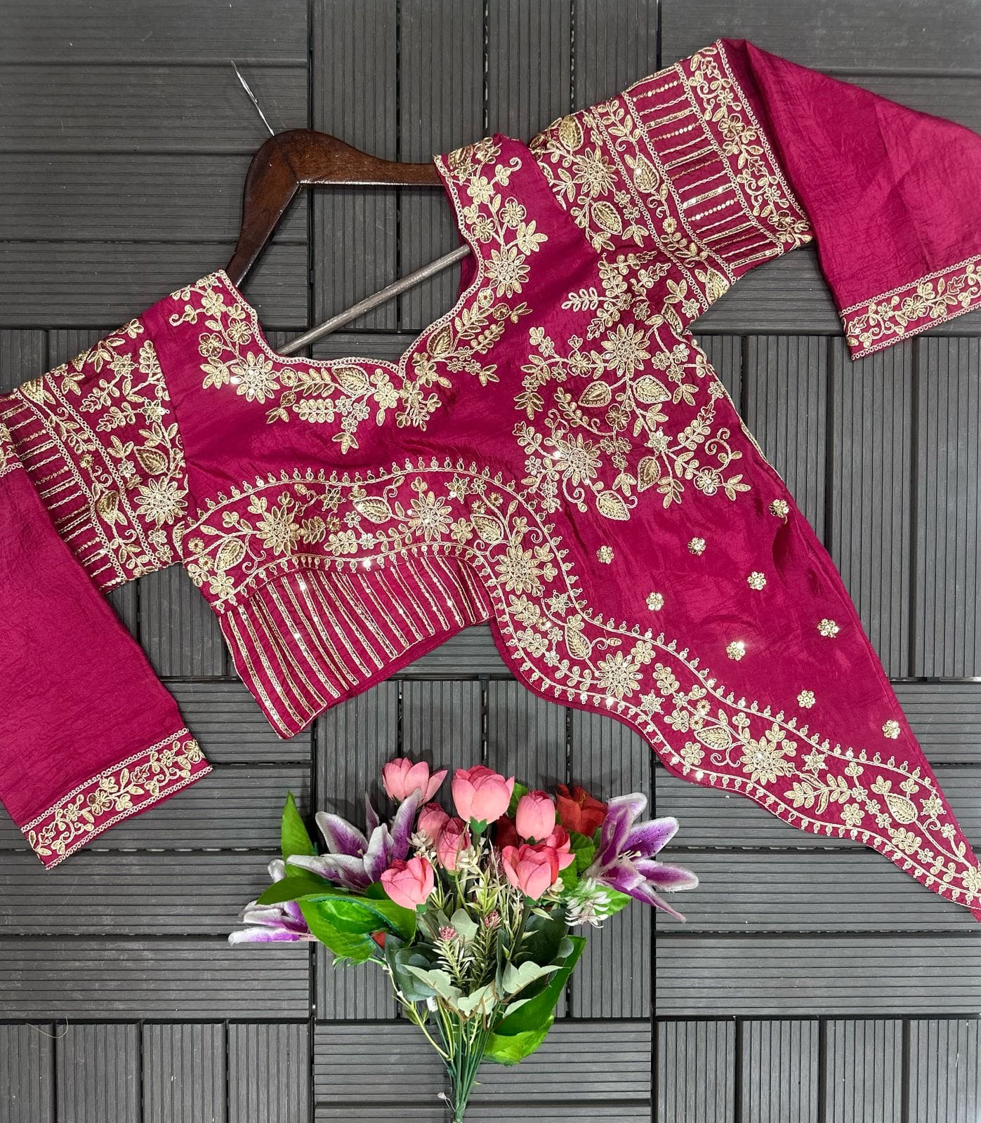 Embroidered Gold Crush Crop Top Lehenga Set – Sequence Work