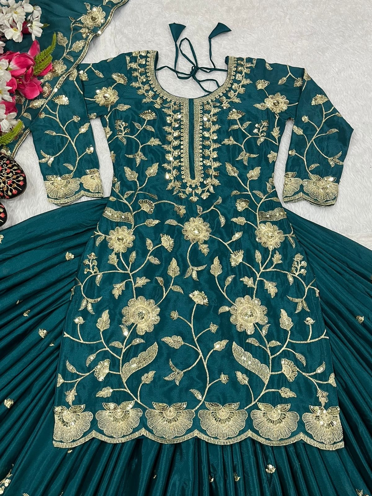 Chinnon Silk Embroidered Lehenga Set – Round Neck – Sequin Work