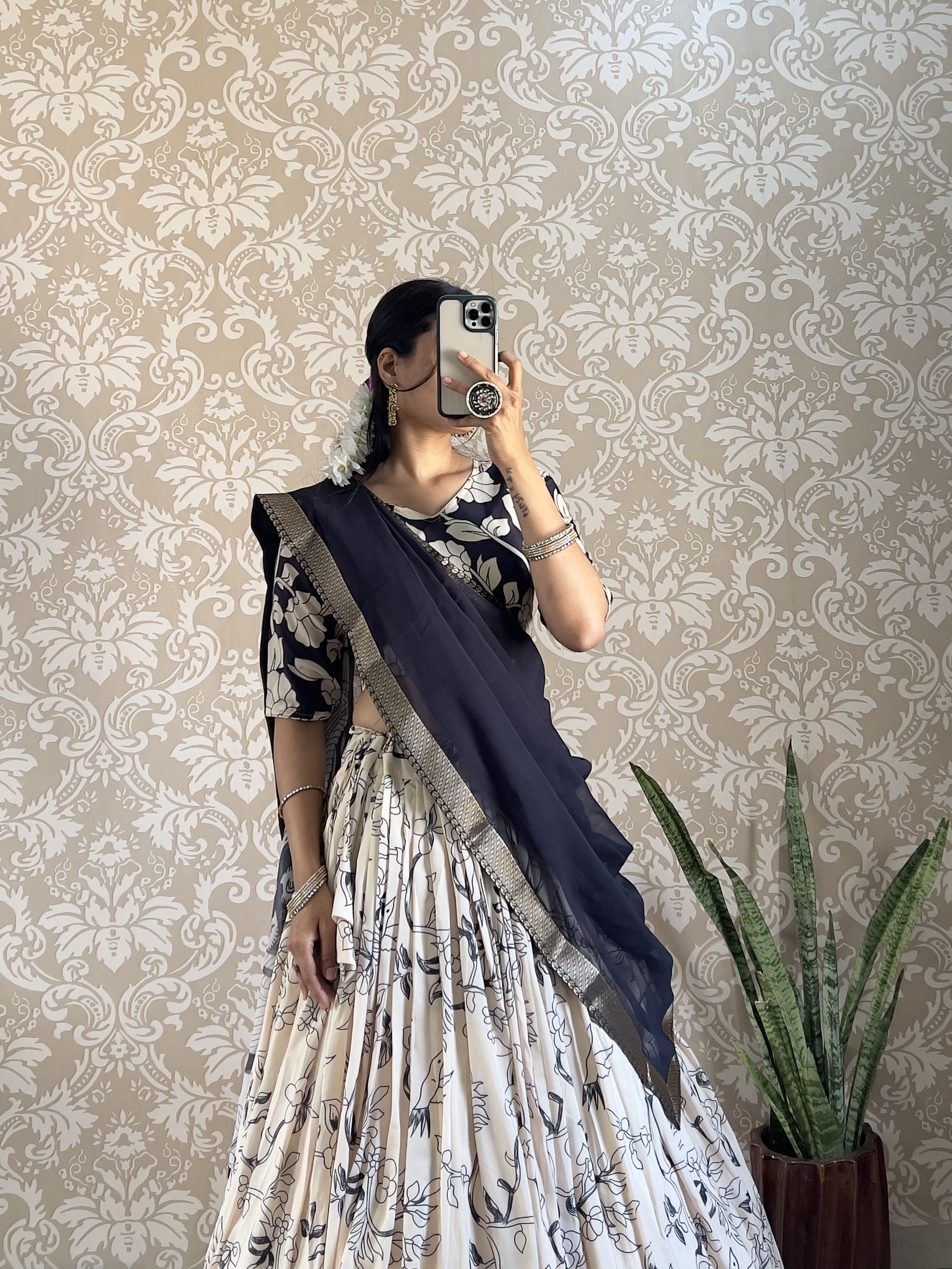 Kalamkari Printed Muslin Silk Lehenga Choli – Jacquard Lace Border – Digital Print Work