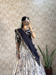 Kalamkari Printed Muslin Silk Lehenga Choli – Jacquard Lace Border – Digital Print Work