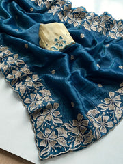 Morpeech Crush Silk Saree – Cutwork Border – Floral Embroidery