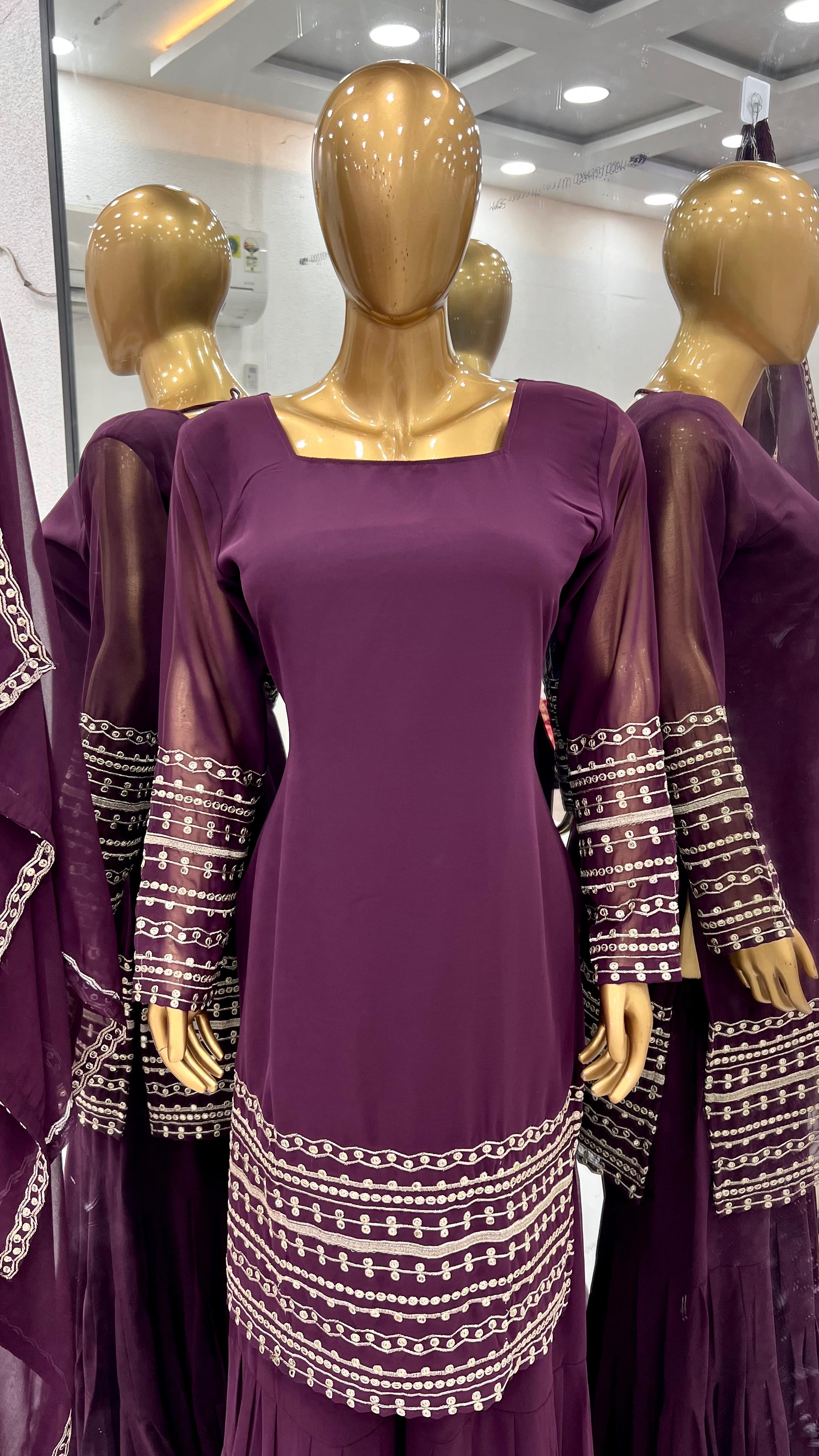 Wine Embroidered Georgette Top-Sharara Set – Full Sleeves – Sequin Work