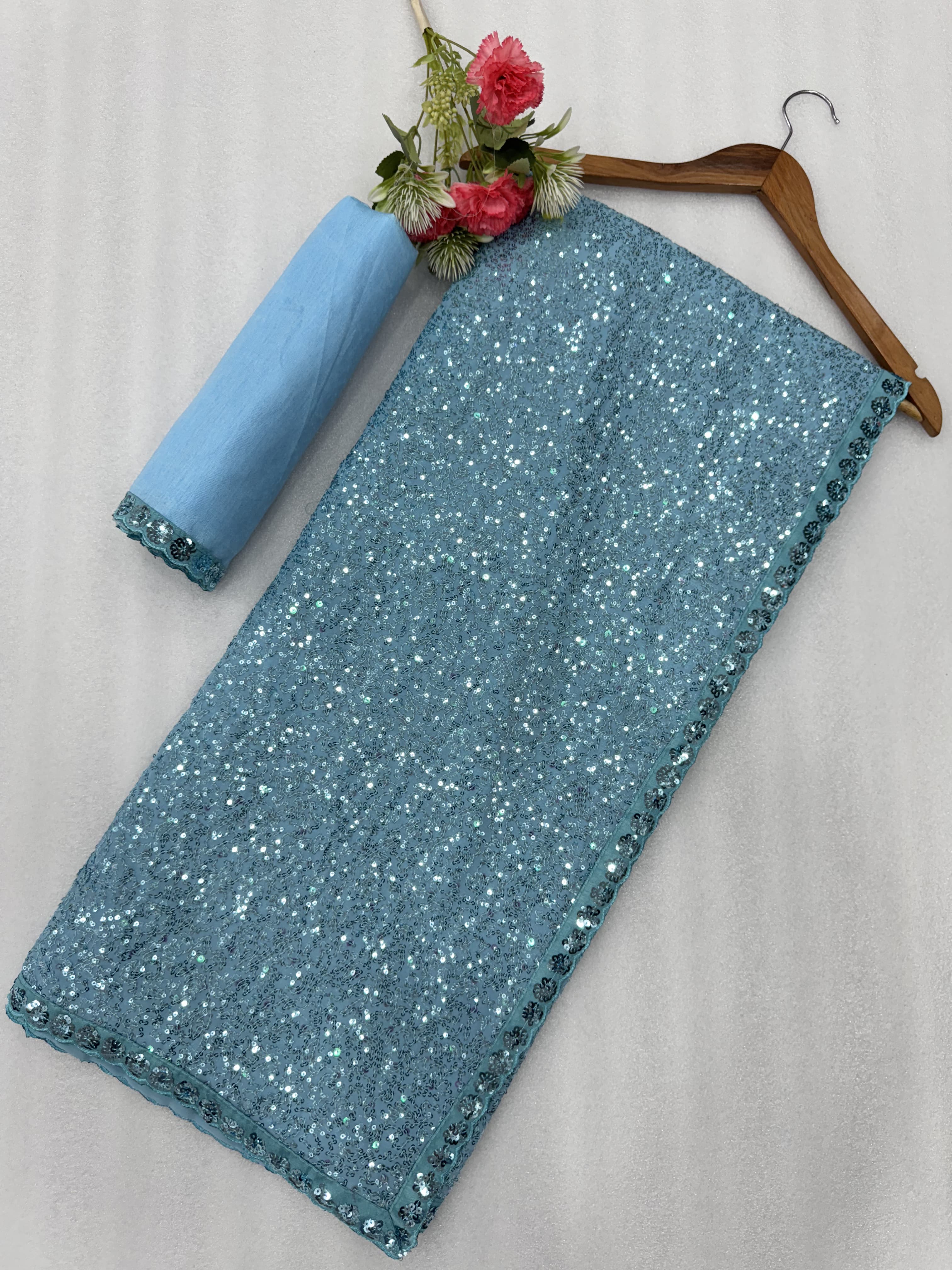 Faux Georgette Saree – Cutwork Lace Border – Sequin Embroidery
