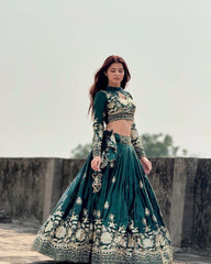 Chinon Silk Flared Lehenga Choli – Sequins & Zari Embroidery – Canvas Patta Border