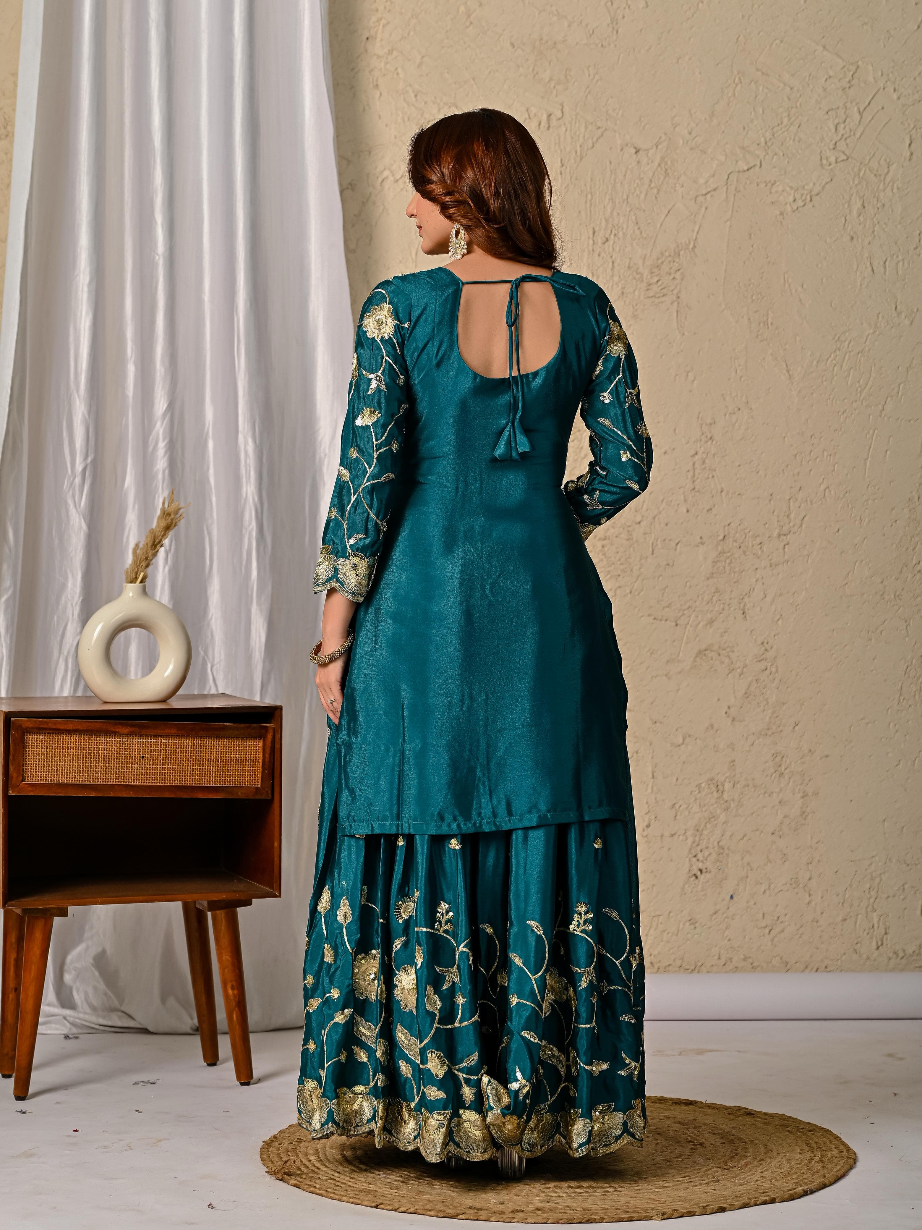 Chinnon Silk Embroidered Lehenga Set – Round Neck – Sequin Work