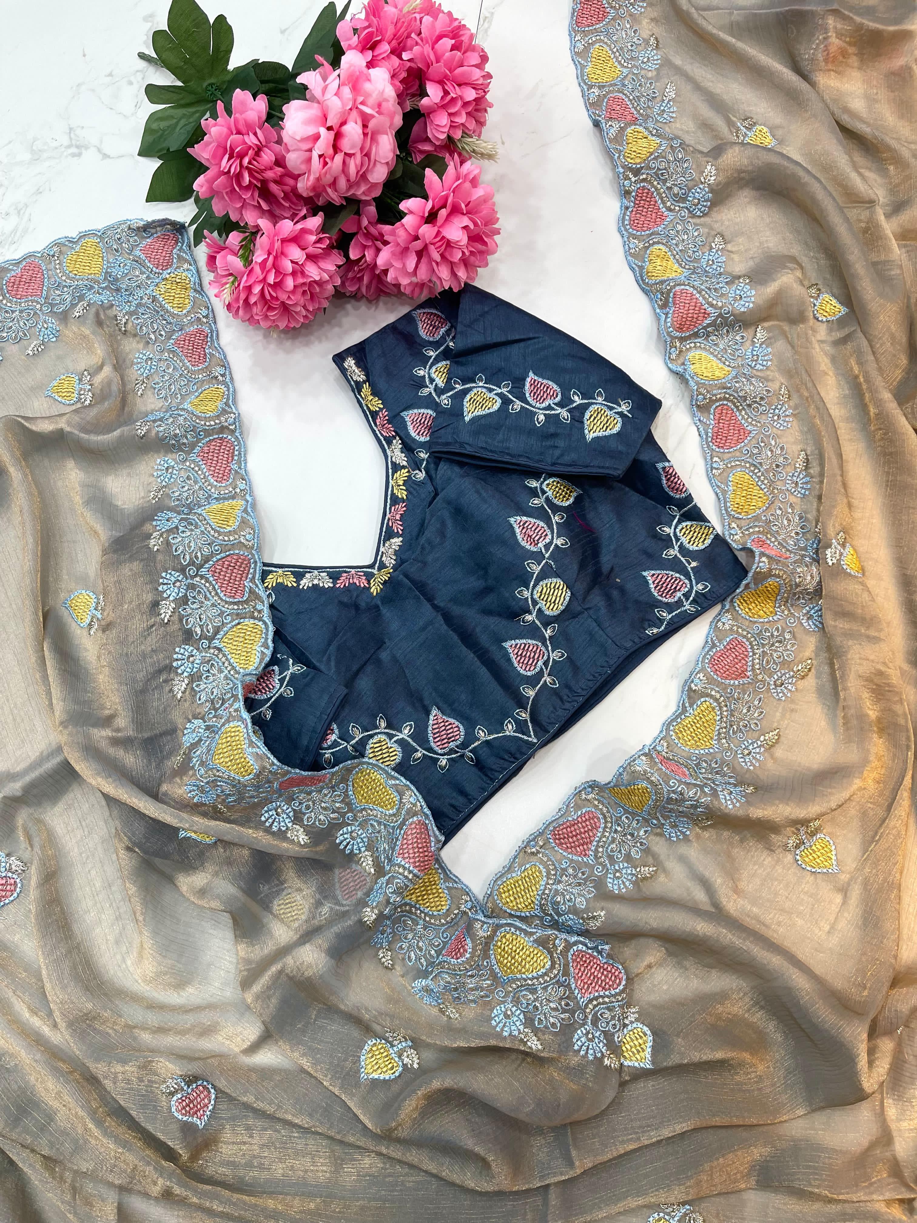 Two-Tone Chiffon Saree – Embroidered Border – Thread Work Buttis