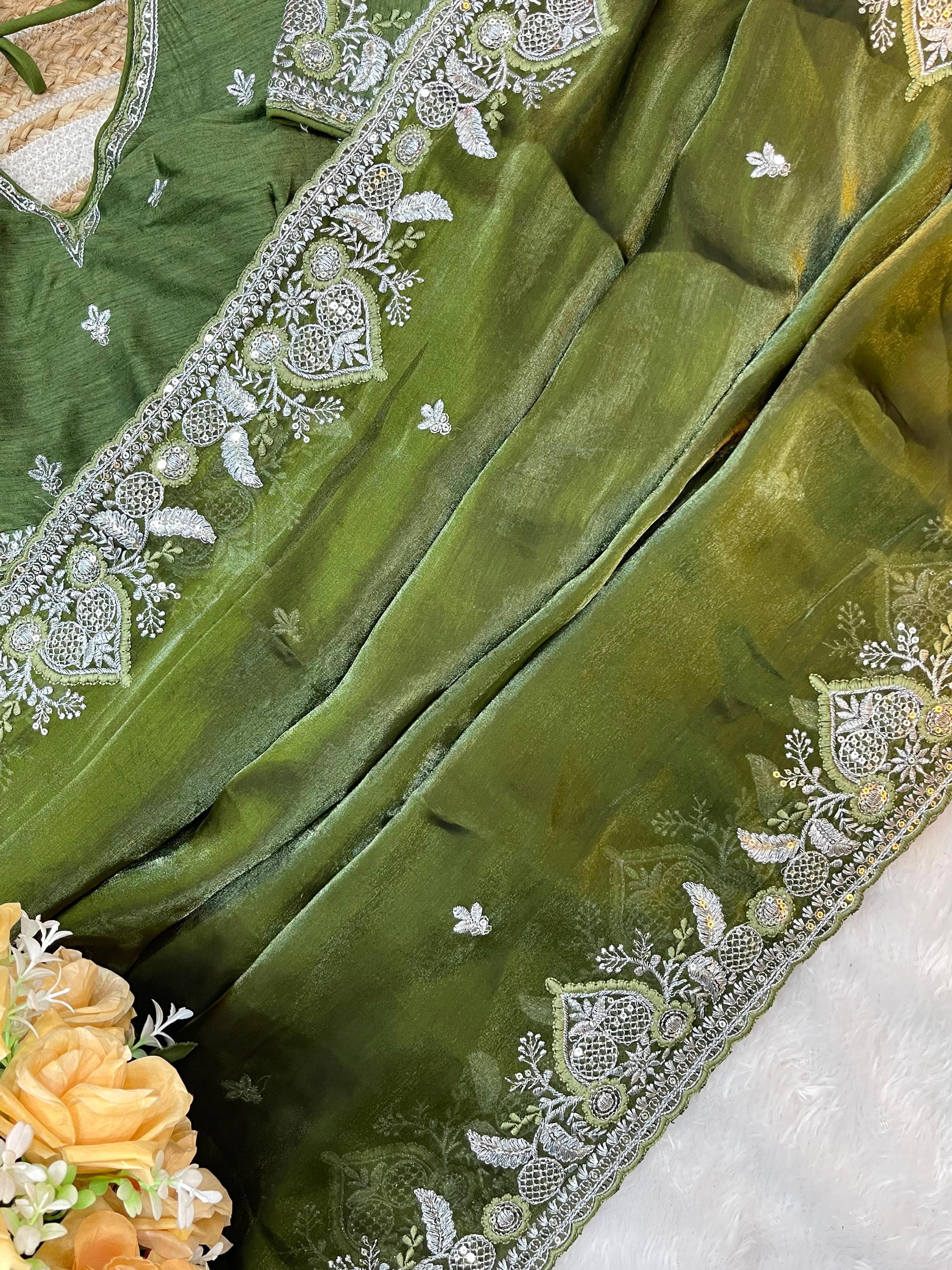 Fendy Satin Saree – Embroidered Border – Sequin & Thread Work