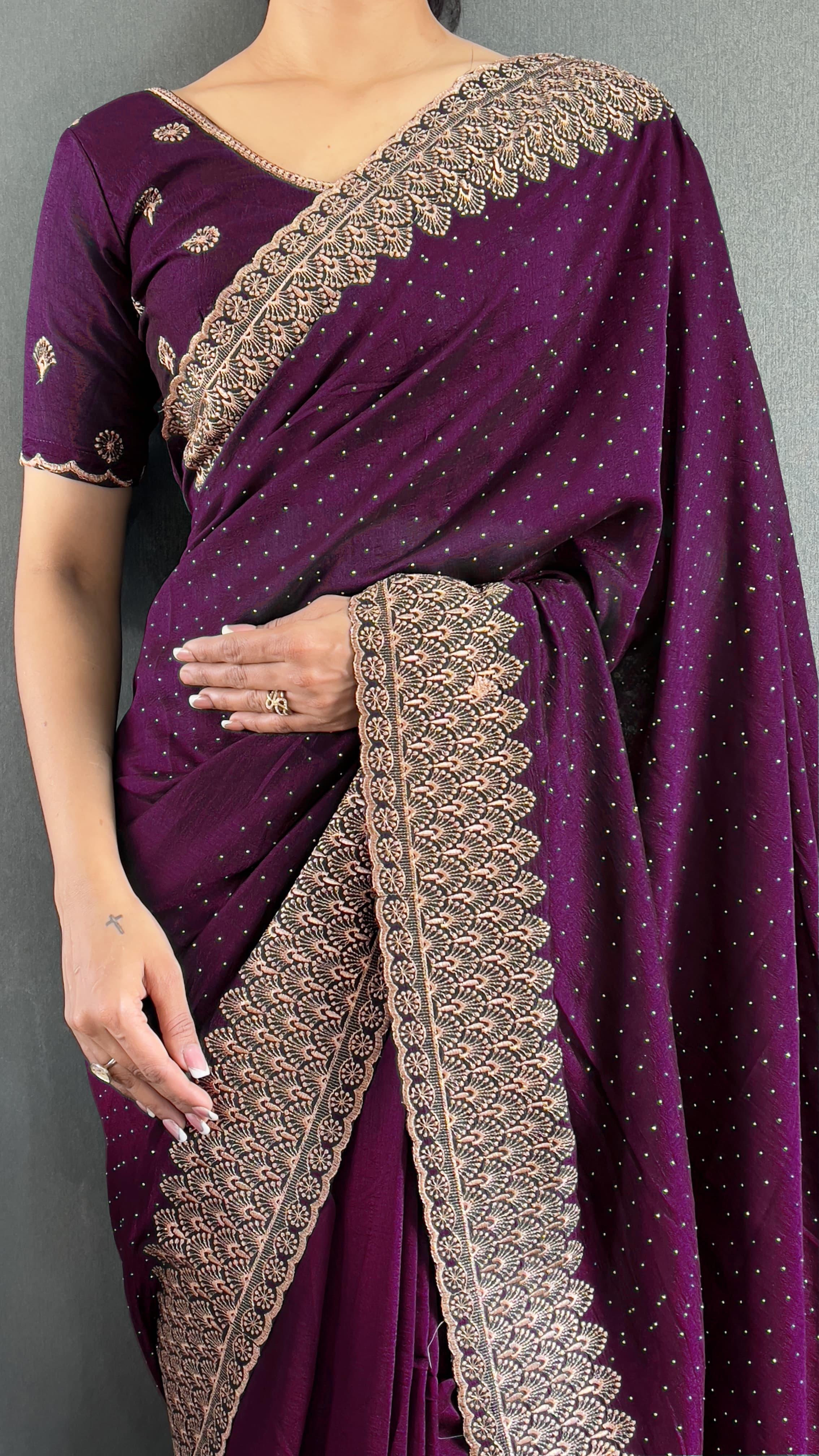 Vichitra Silk Saree – Cut Work Border – Zari and DMC Swarovski Work