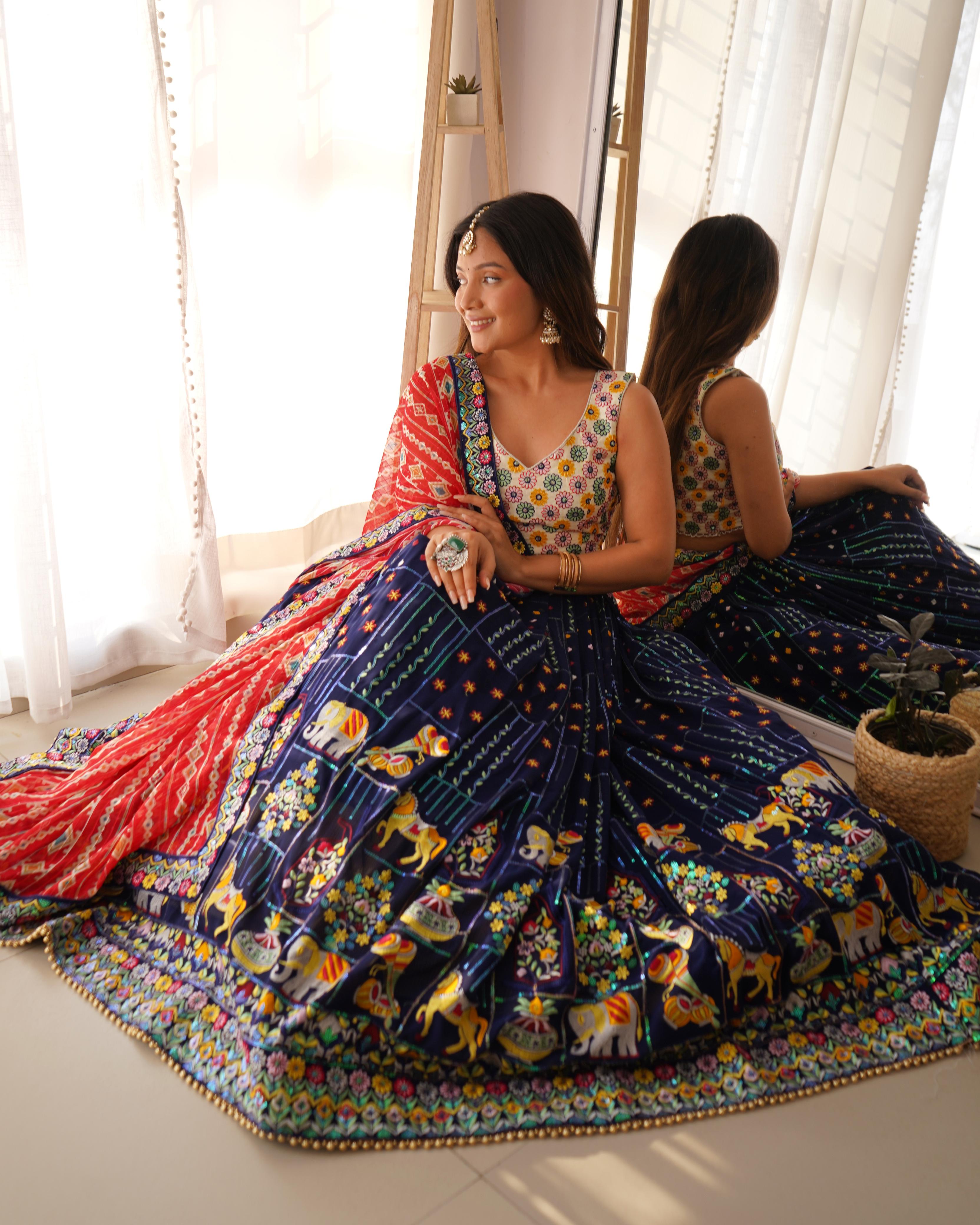 Faux Georgette Semi-Stitch Lehenga Set – Thread and Sequin Work – Heavy Lace
