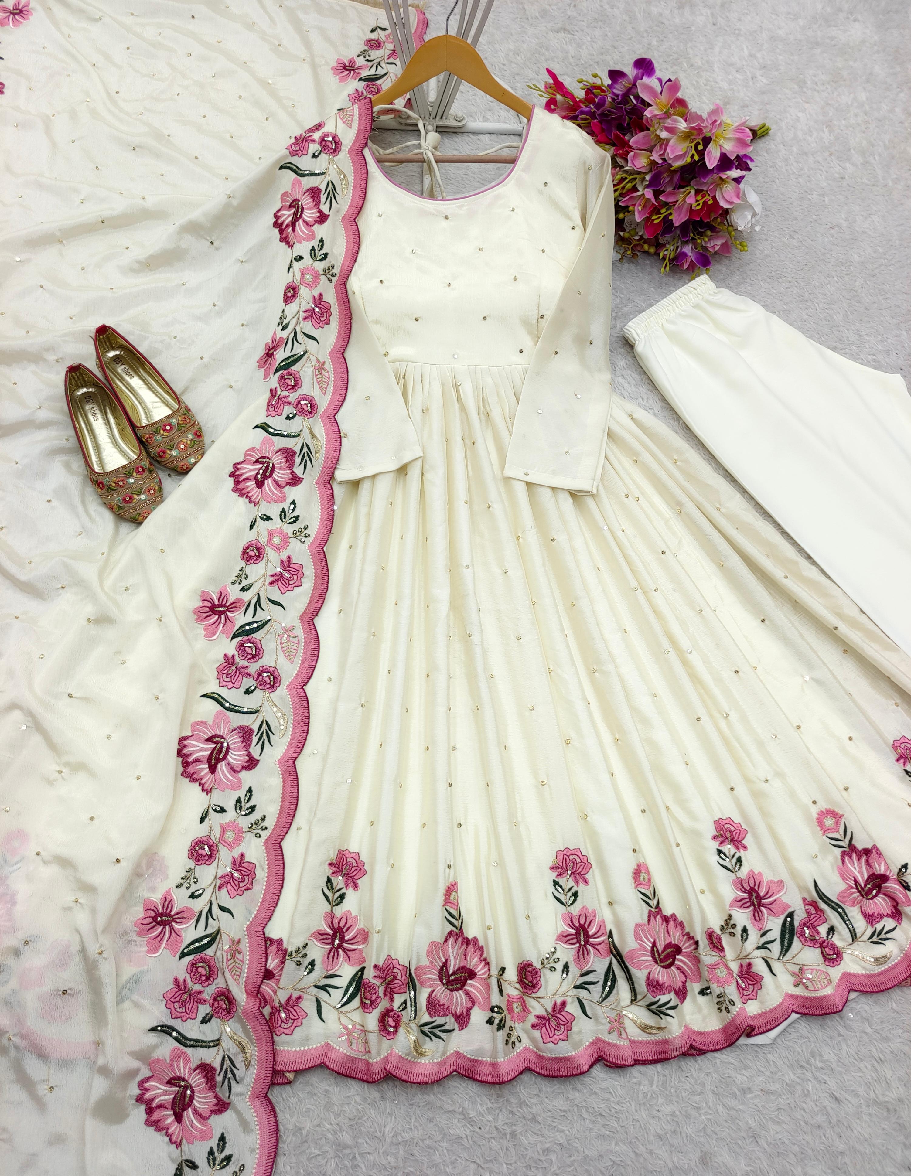 Chinon Silk Embroidered Gown Pant Dupatta Set – Full Sleeve – 5mm Sequin Work