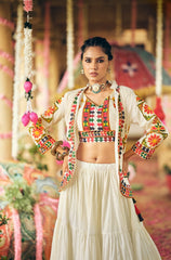 Cotton Embroidered Lehenga, Blouse & Koti Set – Ruffled Lehenga – Embroidery Work
