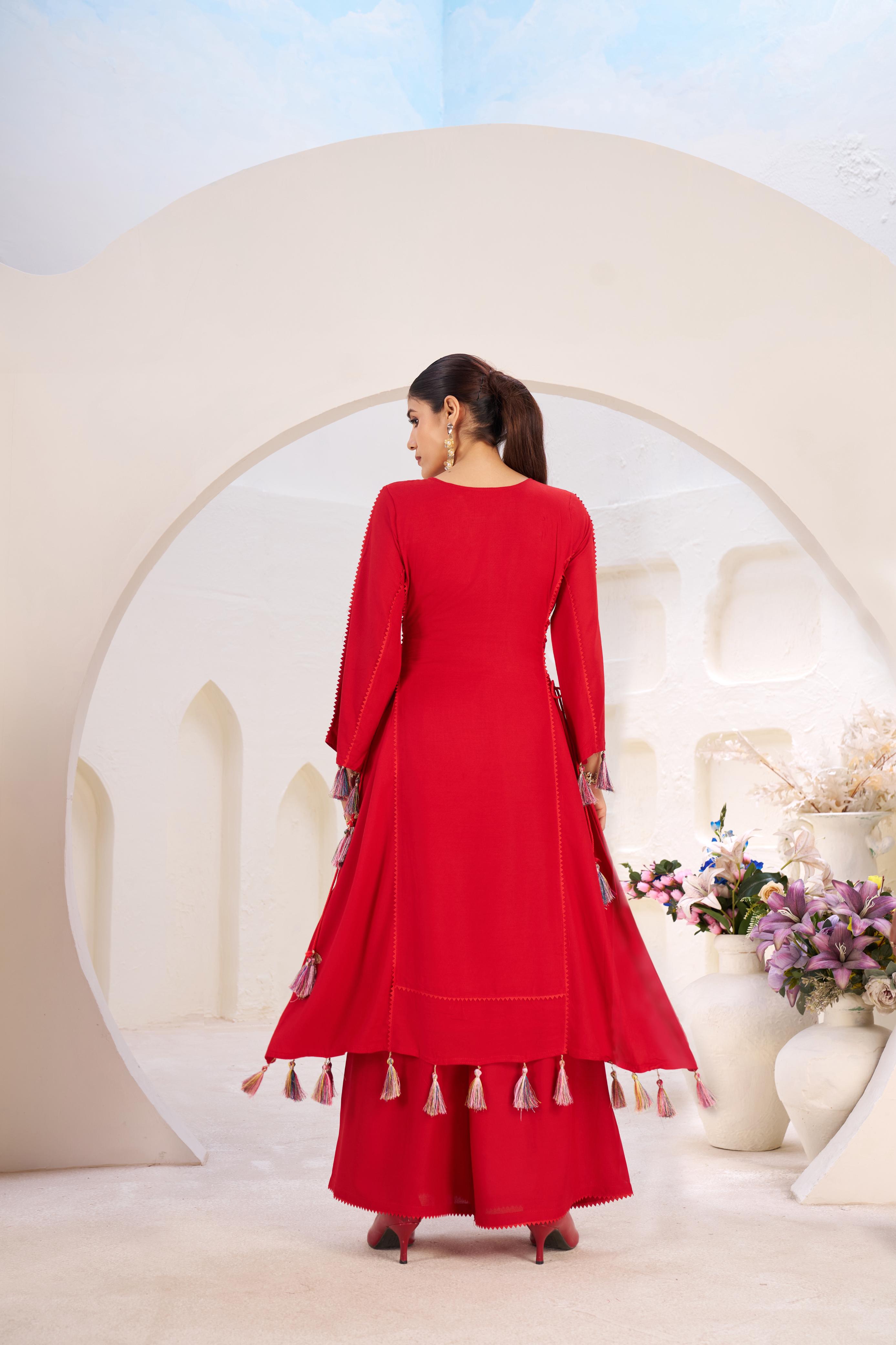 Red Cord-Set Rayon Co-Ord Set – Side Dori Tassels – Thread and Mirror Work