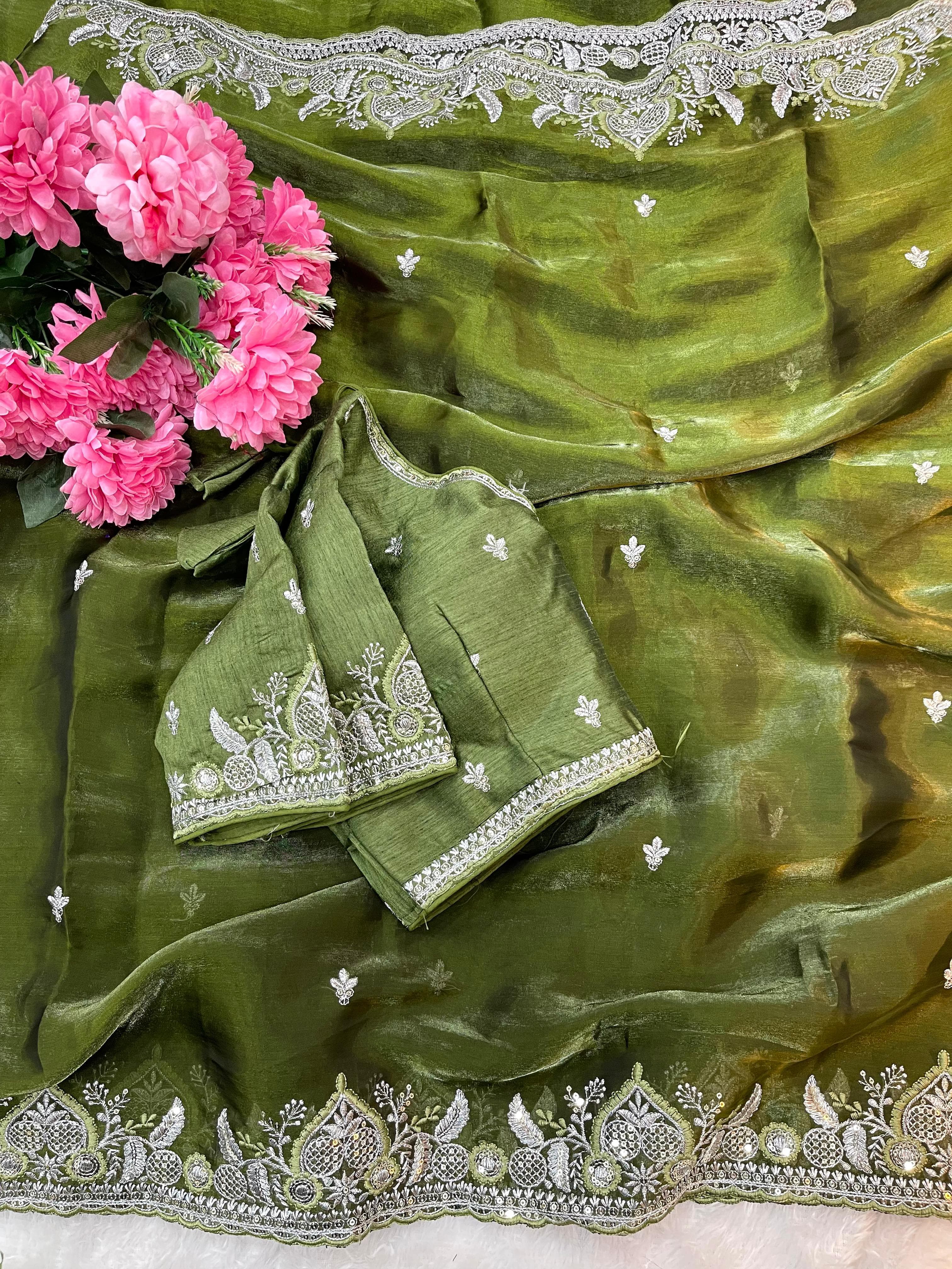 Fendy Satin Saree – Embroidered Border – Sequin & Thread Work