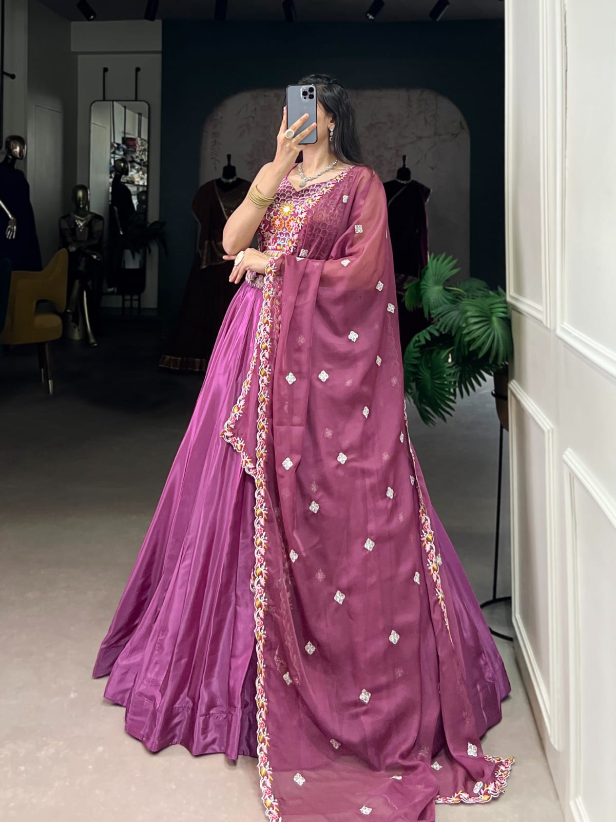 Magenta Flared Silk Crepe Lehenga Set – Drawstring Waist – Sequins & Thread Embroidery