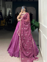 Magenta Flared Silk Crepe Lehenga Set – Drawstring Waist – Sequins & Thread Embroidery
