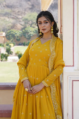 Georgette Flared Gown – V-Neck – Zari & Sequins Embroidered