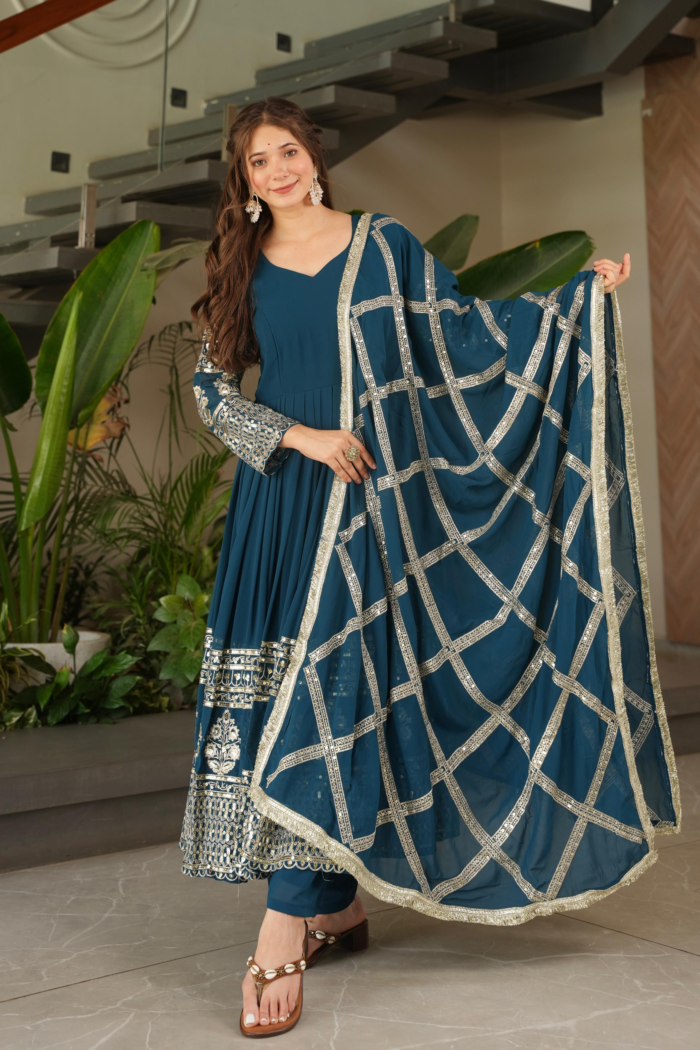 Georgette Embroidered Sharara Suit Set – Front Zipper – Sequin & Lace Work