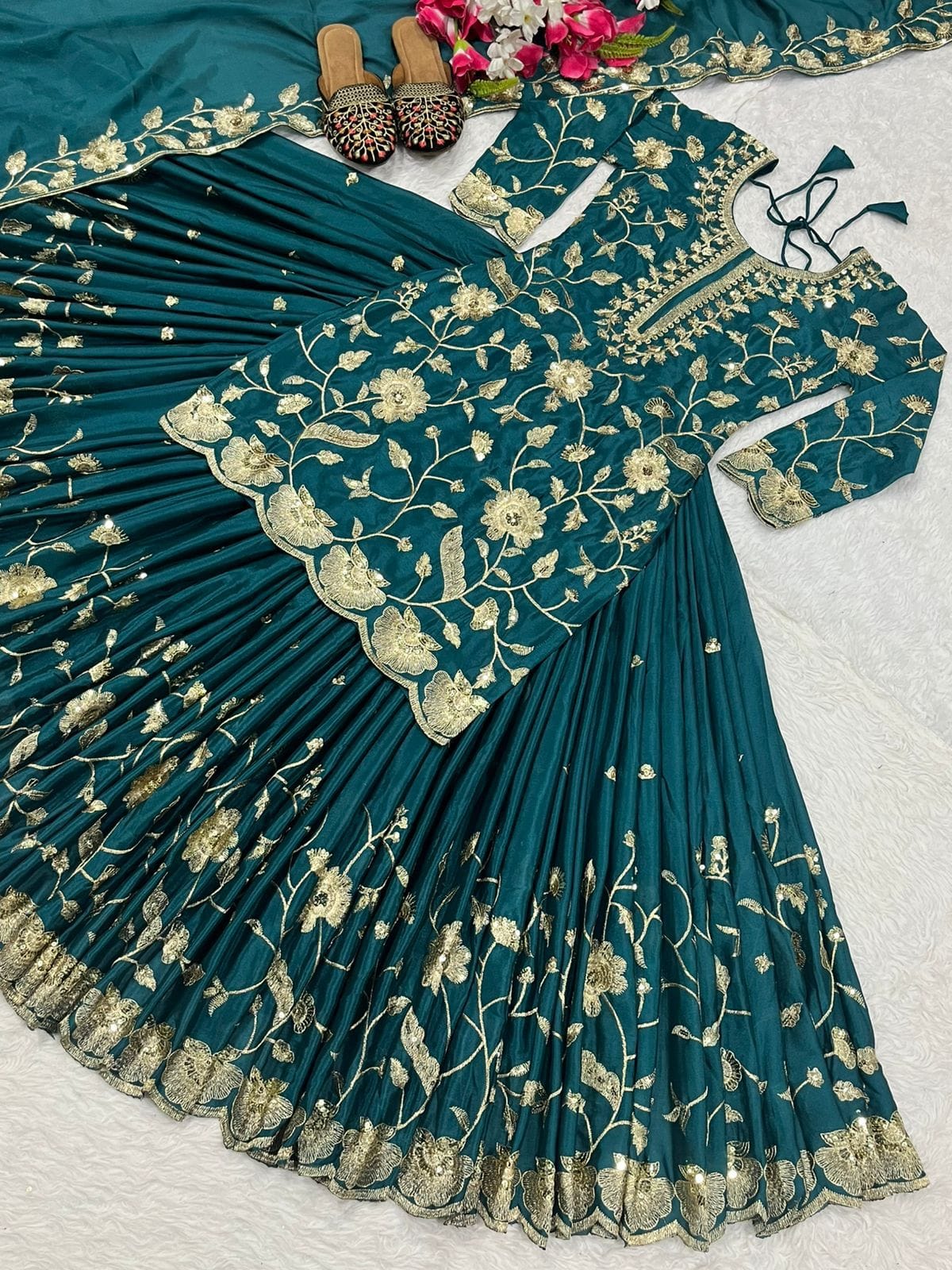 Chinnon Silk Embroidered Lehenga Set – Round Neck – Sequin Work